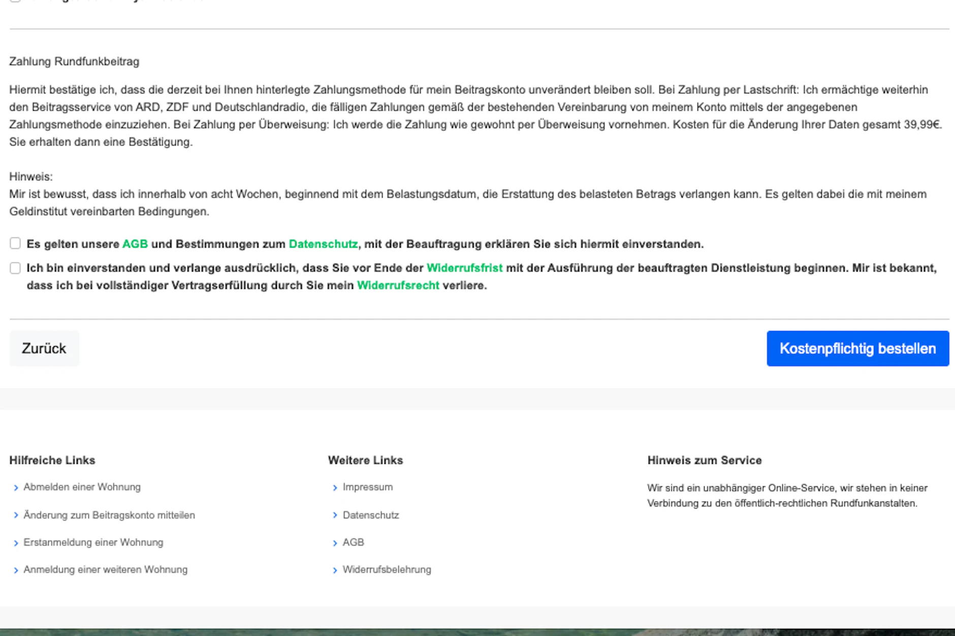 Vorsicht vor dem Absenden: Hier steht am Ende des ersten Absatzes, dass 39,99 Euro für die An- bzw. Ummeldung fällig sind.