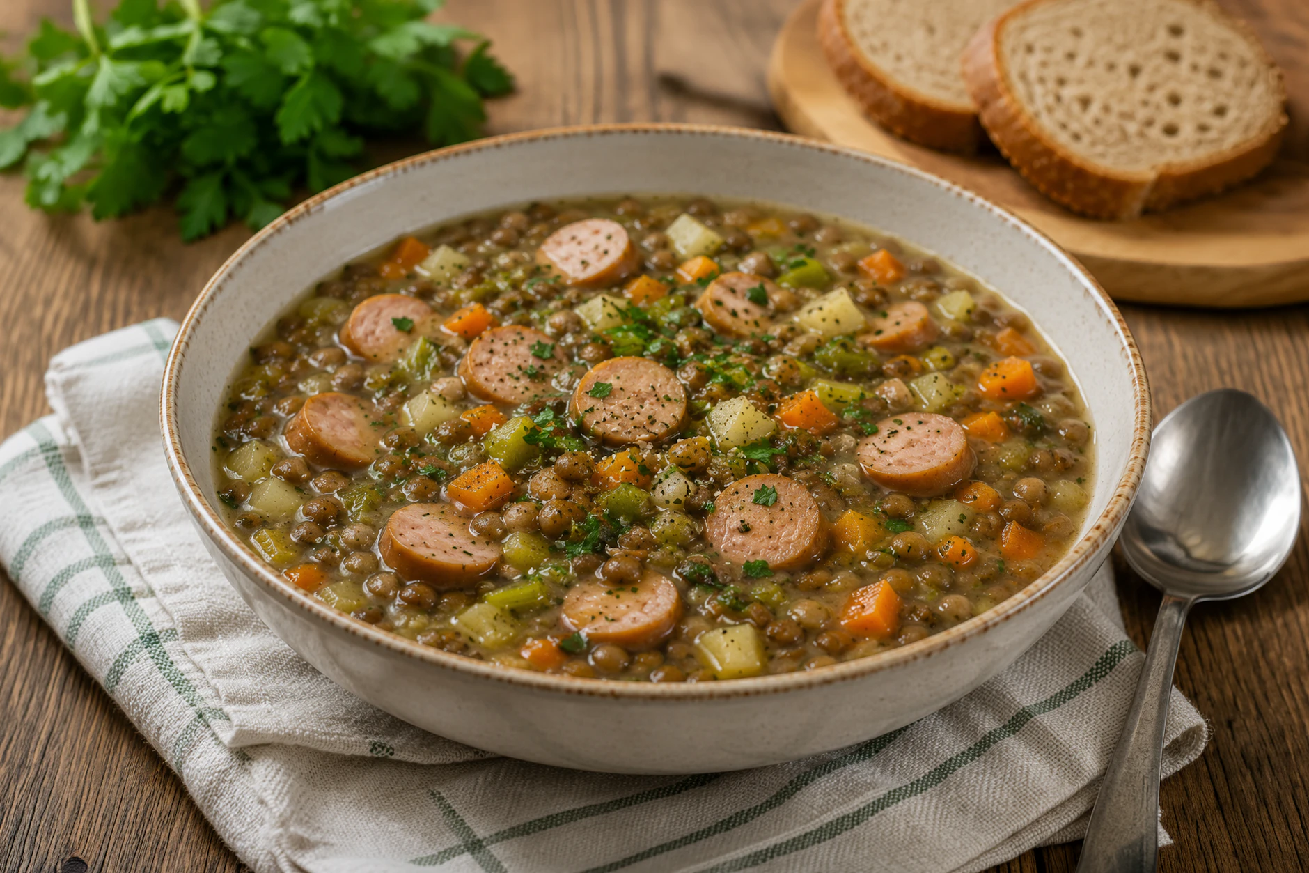 Lecker, deftig und günstig: Linseneintopf mit Würstchen schmeckt immer und ist selbstgemacht ein echtes Spar-Gericht für den kleinen Geldbeutel.