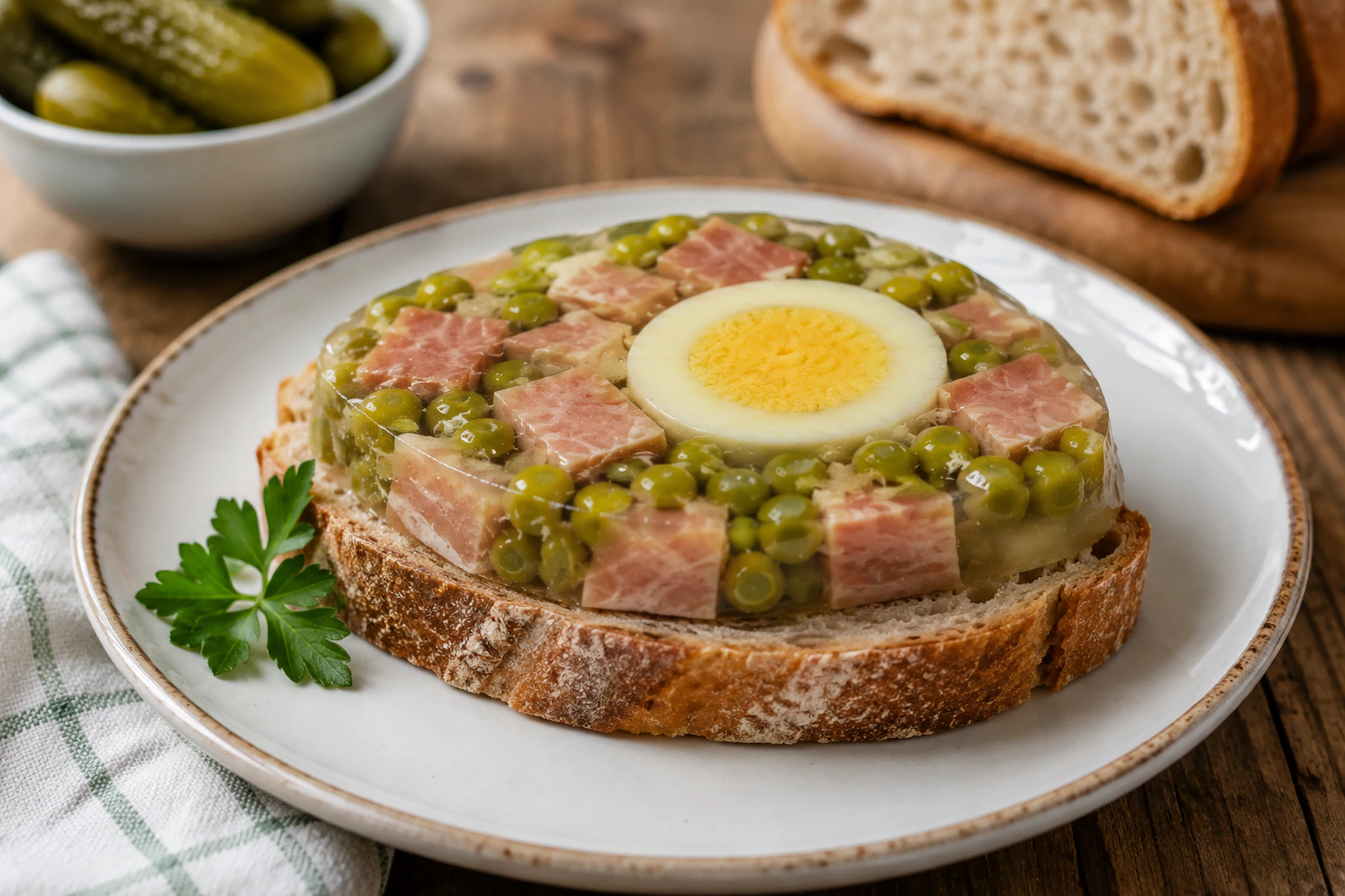 Auch auf Brot schmecken Eier in Aspik in Scheiben geschnitten einfach lecker. Das perfekte Abendbrot für warme Tage.