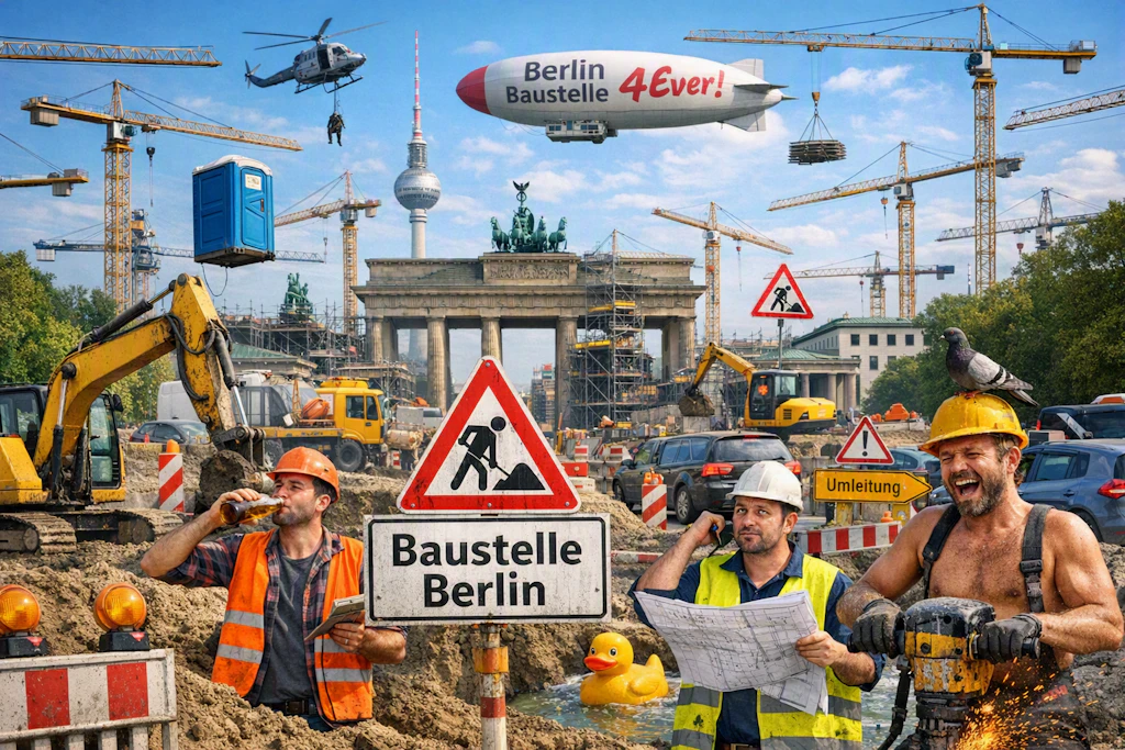 Wenn man die KI nach einer Illustration zum Thema Baustellen in Berlin fragt, kommt das heraus. Ein Bild, das mit viel Humor die Überraschungen zeigt, die die Verkehrsteilnehmer in der Hauptstadt jeden Tag erwarten.