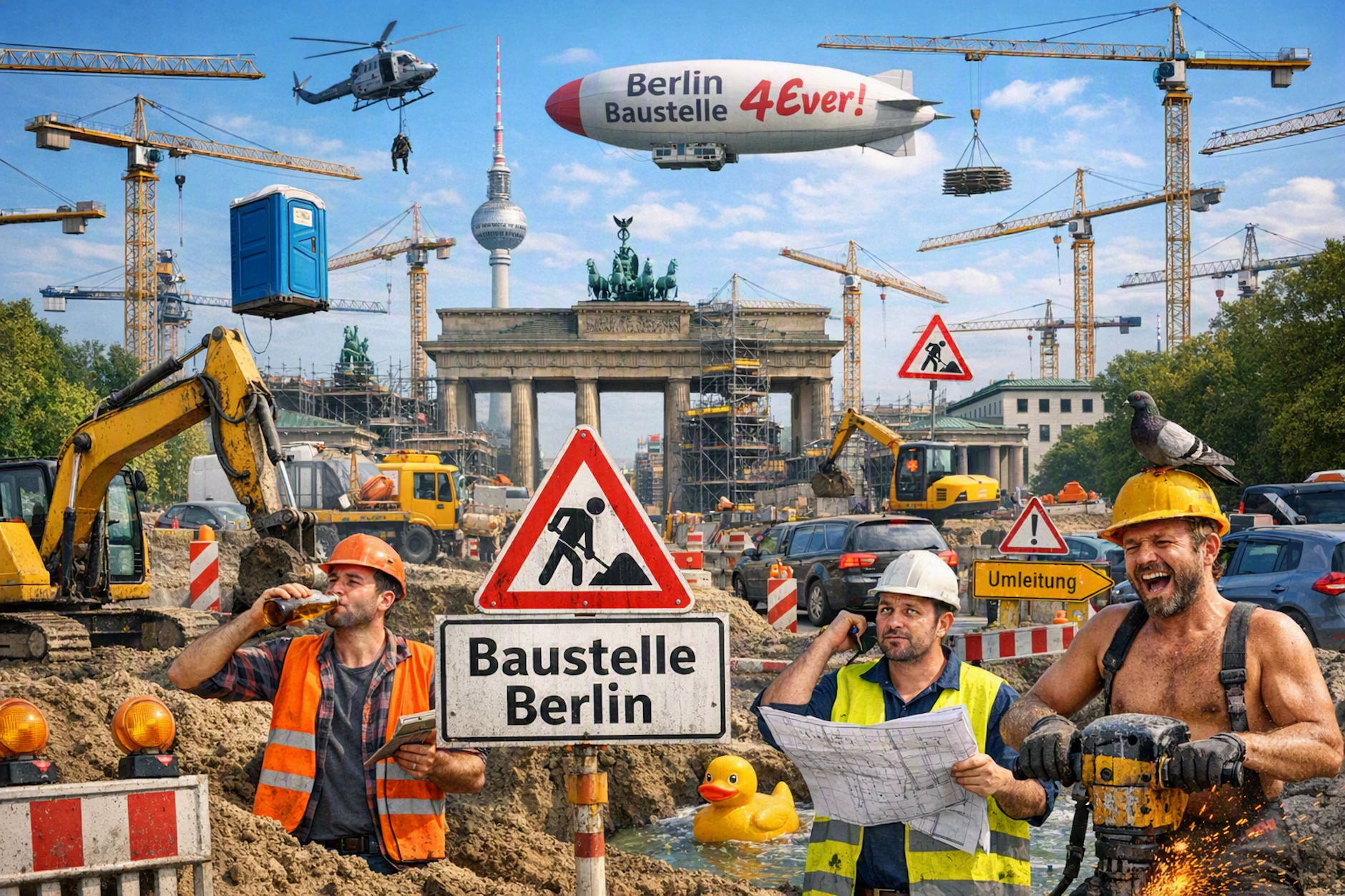 Wenn man die KI nach einer Illustration zum Thema Baustellen in Berlin fragt, kommt das heraus. Ein Bild, das mit viel Humor die Überraschungen zeigt, die die Verkehrsteilnehmer in der Hauptstadt jeden Tag erwarten.
