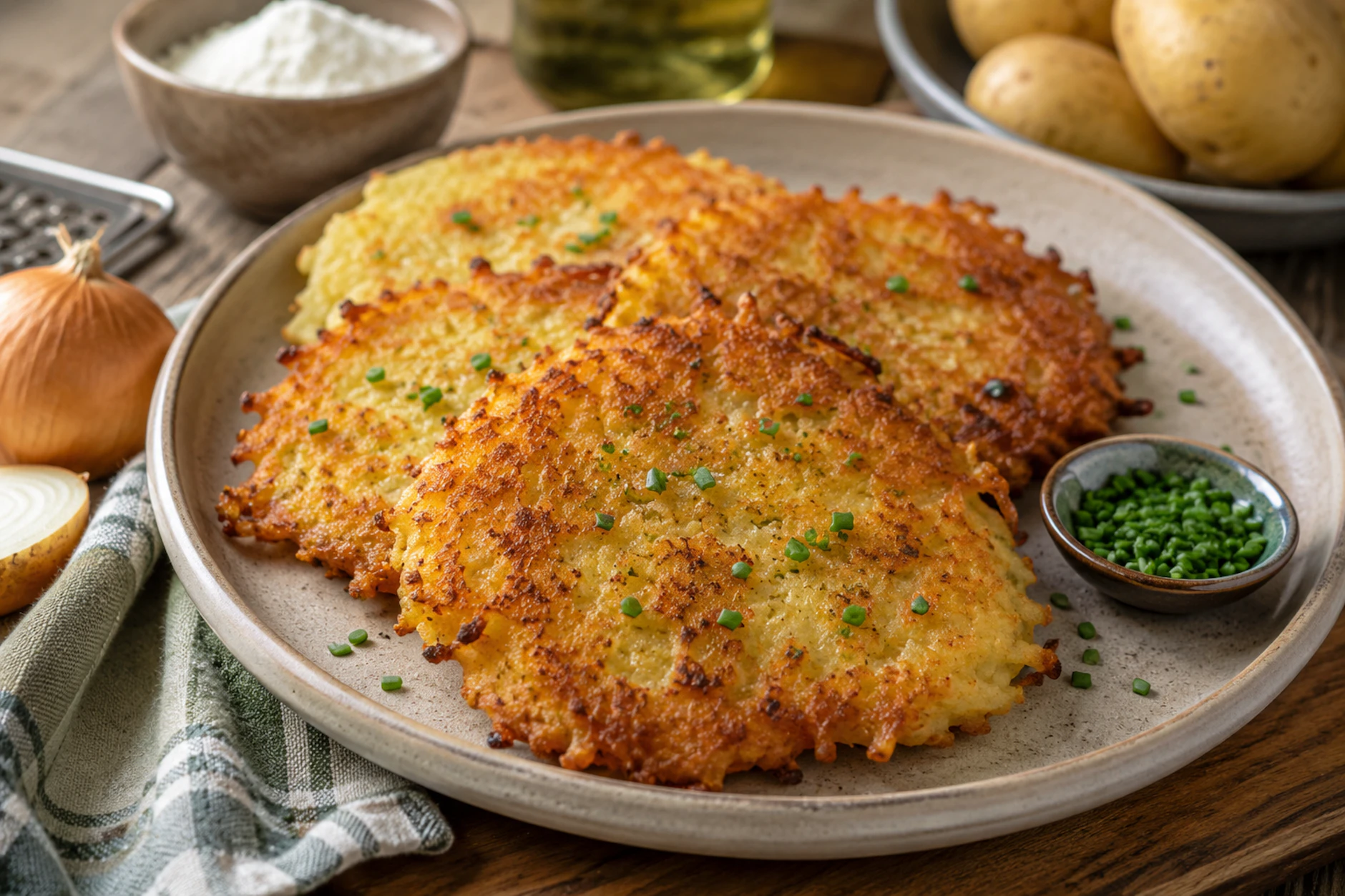 Für eine frische Note bei Kartoffelpuffern sorgt ein wenig Schnittlauch.