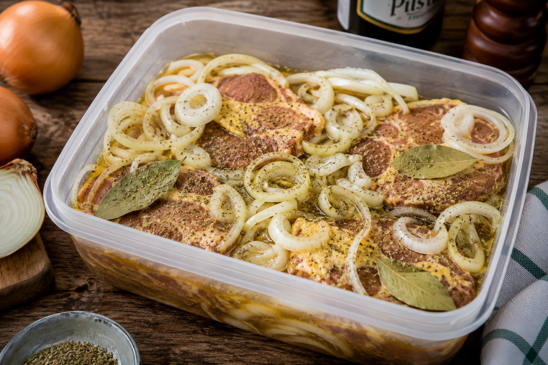 Die Nackensteaks werden für 24 Strunden in einer Mischung aus Bier, Zwiebeln und Gewürzen eingelegt.