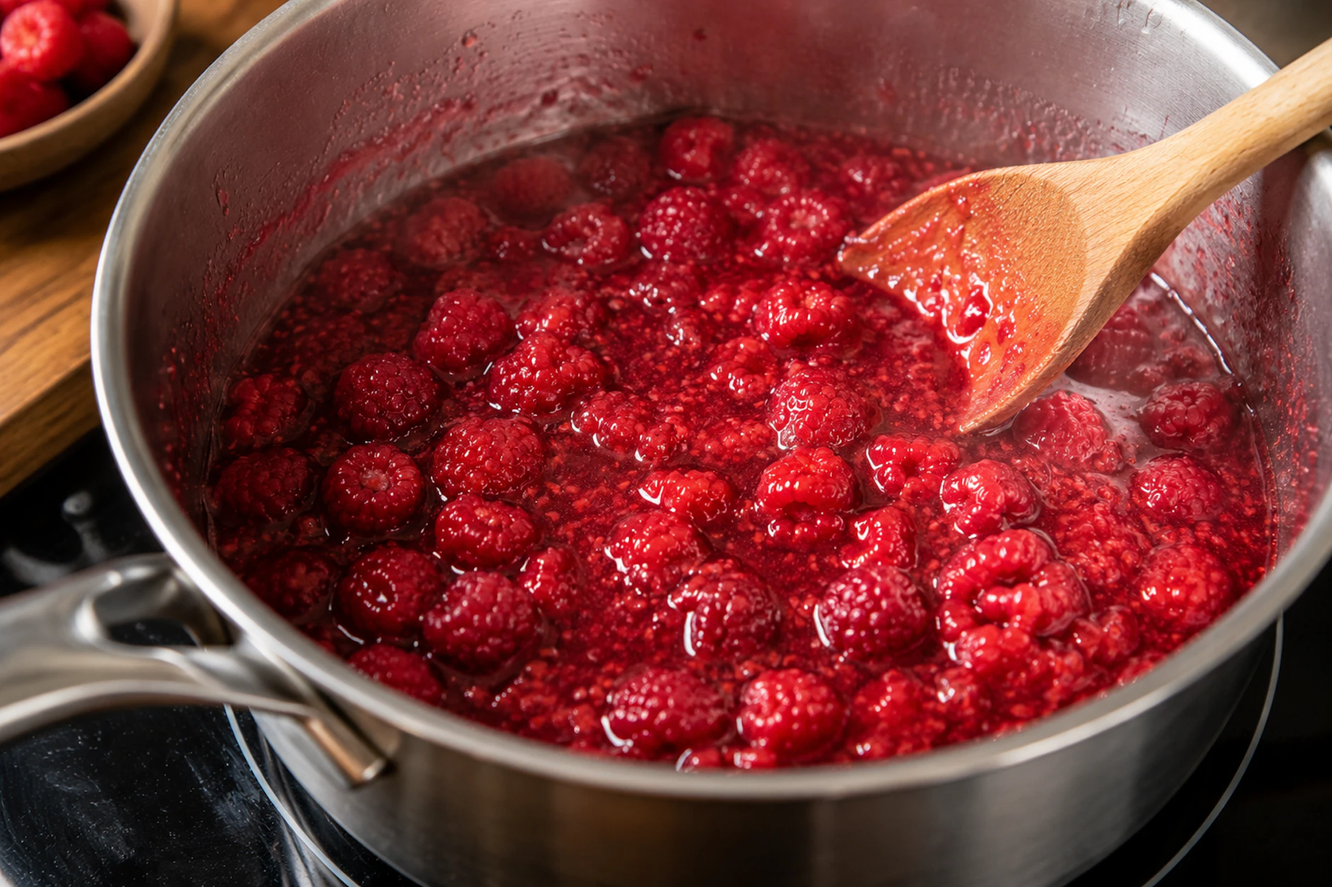 Die Himbeeren werden in einem Topf mit Zucker und Wasser gekocht, ein Schuss Himbeergeist sorgt für den ganz besonderen Geschmack.