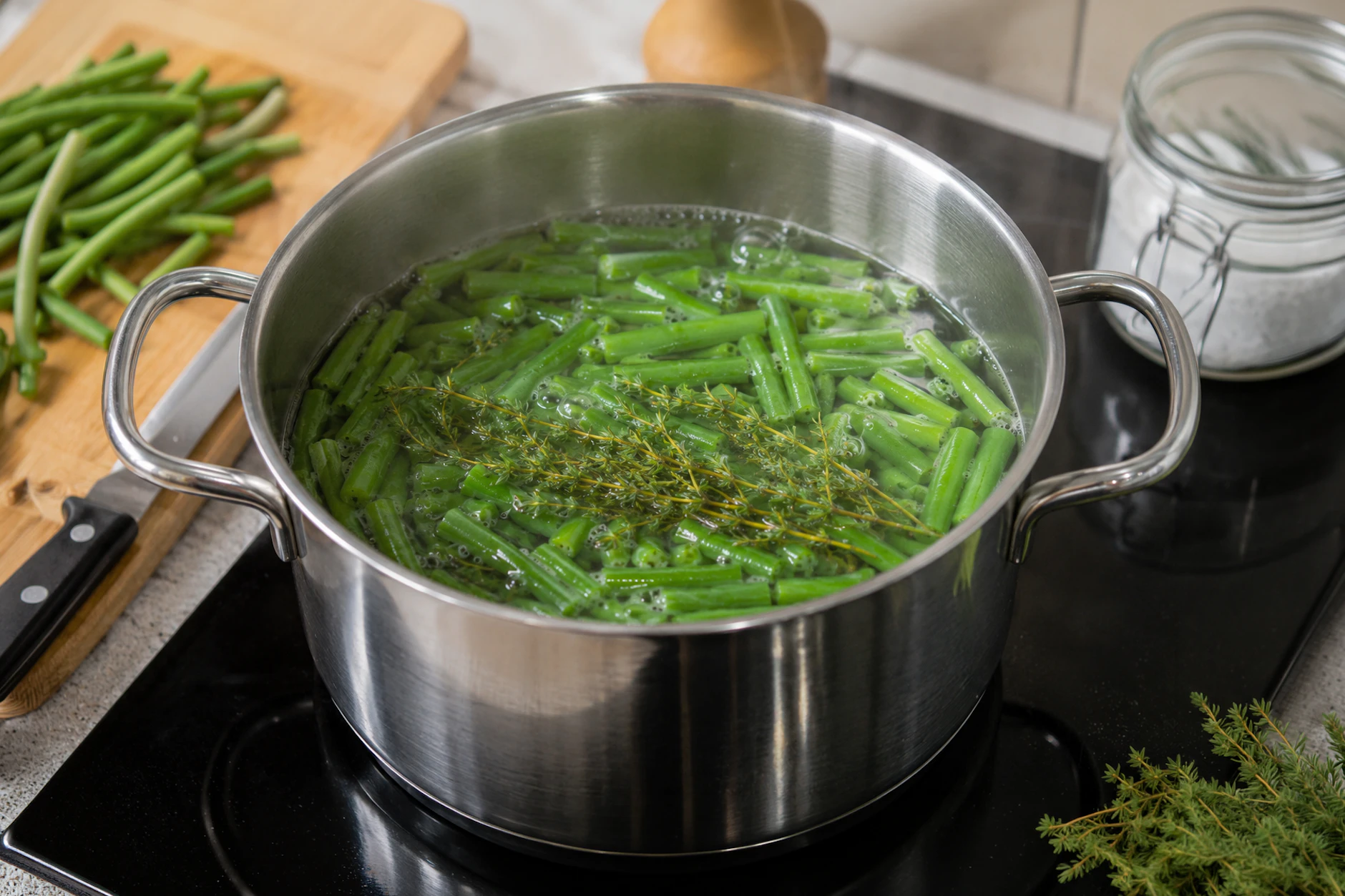 Die Bohnen werden in einem Topf mit Bohnenkraut gekocht. Das verleiht ihnen ein ganz besonderes Aroma.