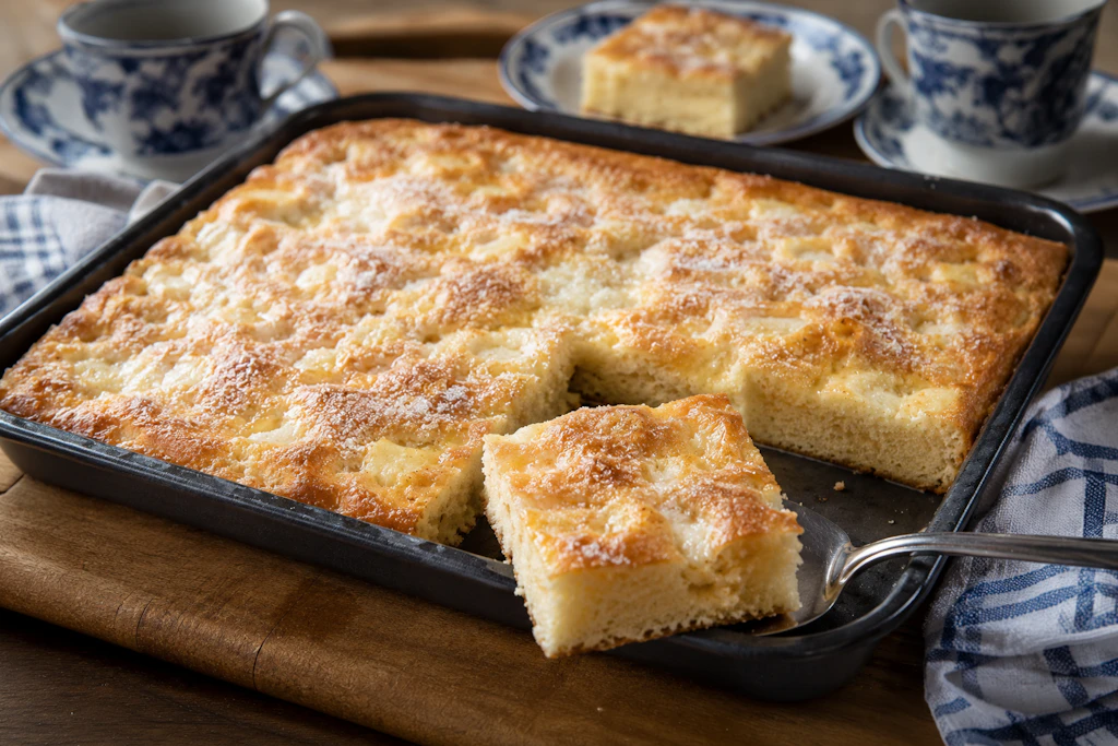 Da kann man gleich mehrere Stücke vernaschen, weil er so lecker ist: Omas Zuckerkuchen mit ganz viel Butter ist ein echter Genuss!
