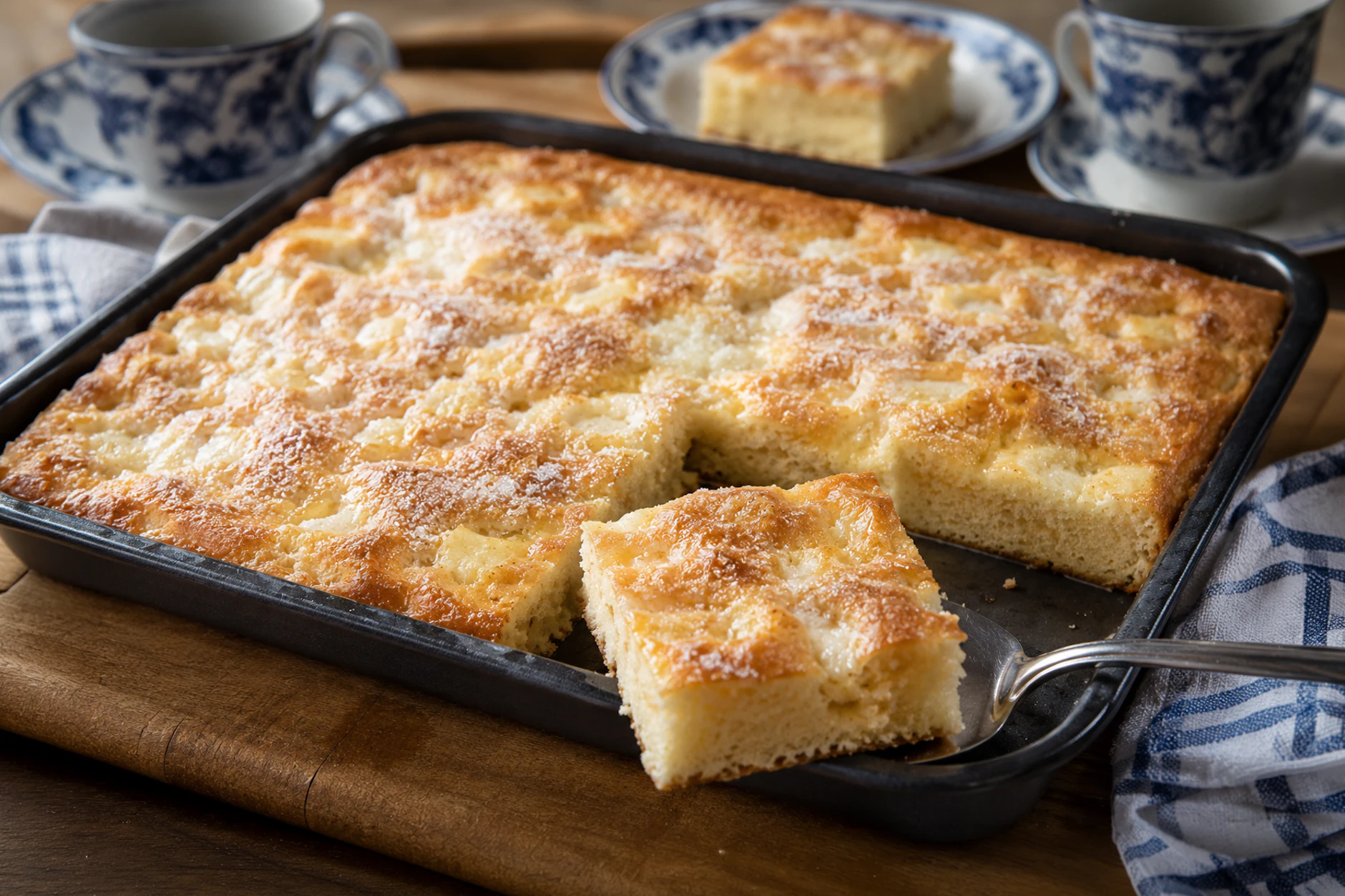 Da kann man gleich mehrere Stücke vernaschen, weil er so lecker ist: Omas Zuckerkuchen mit ganz viel Butter ist ein echter Genuss!