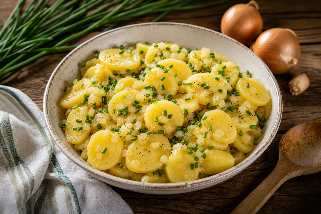 Leckerer Kartoffelsalat mit Brühe ist eine echte Geheimwaffe. Er schmeckt zum Grillen, passt aber genauso gut zu Schnitzel und sogar Fischfilet.