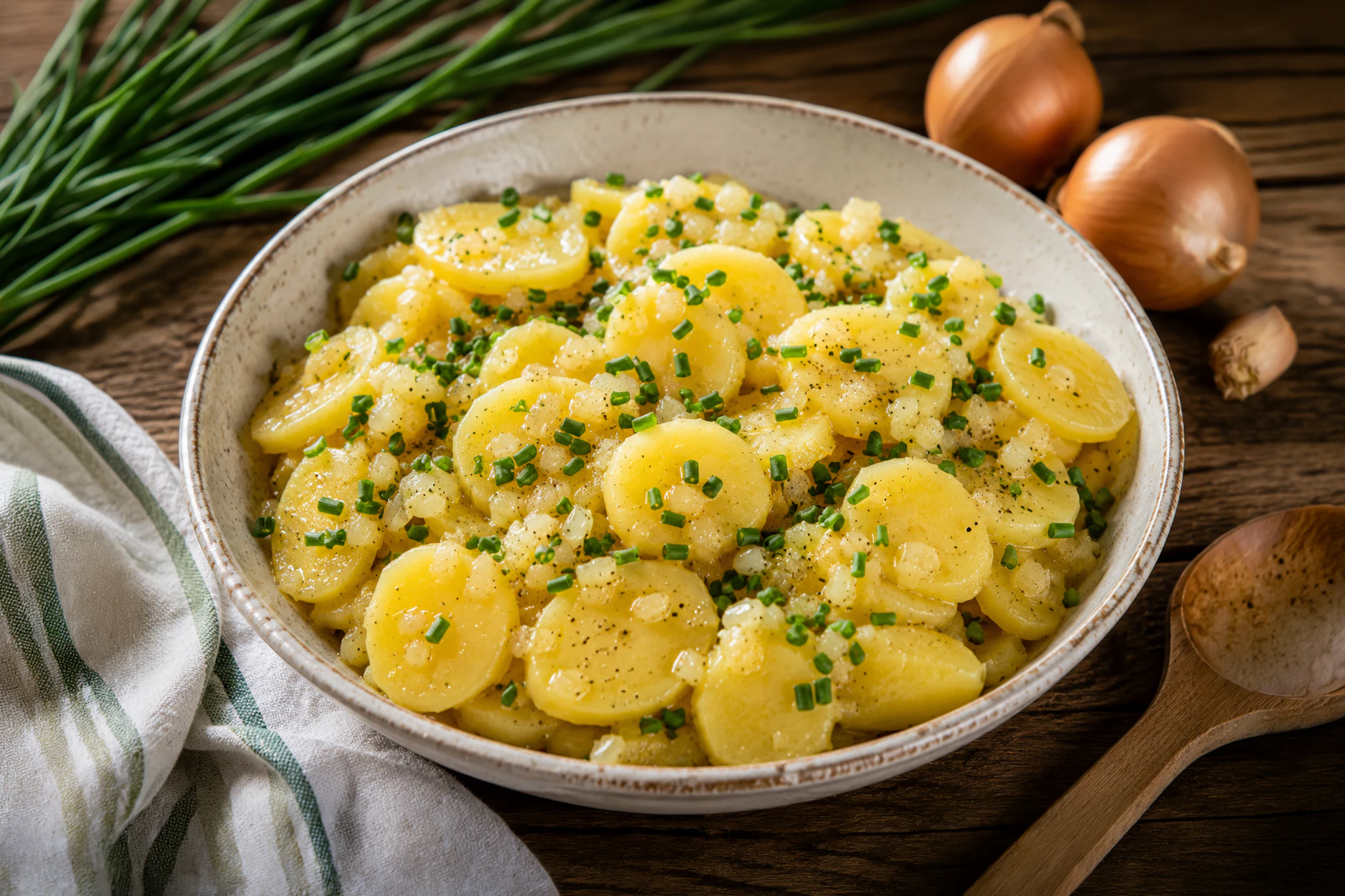 Leckerer Kartoffelsalat mit Brühe ist eine echte Geheimwaffe. Er schmeckt zum Grillen, passt aber genauso gut zu Schnitzel und sogar Fischfilet.