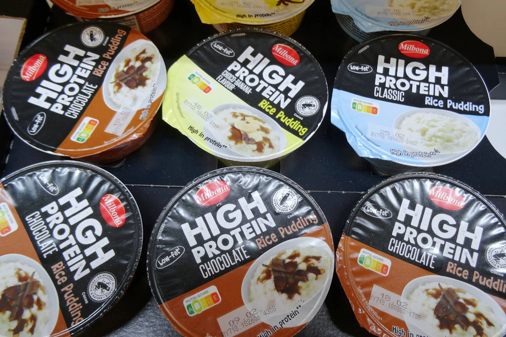High-Protein-Milchreis im Kühlregal eines Discounters.