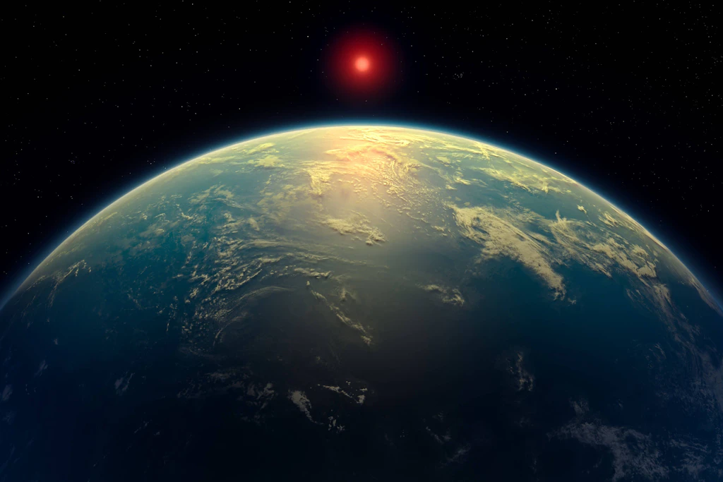 Eine Super-Erde vor ihrem roten Zwergstern: Der Exoplanet LHS 1140 b umkreist einen solchen Stern in nur 24,7 Tagen – und liegt trotzdem in der lebensfreundlichen Zone. (Symbolbild)