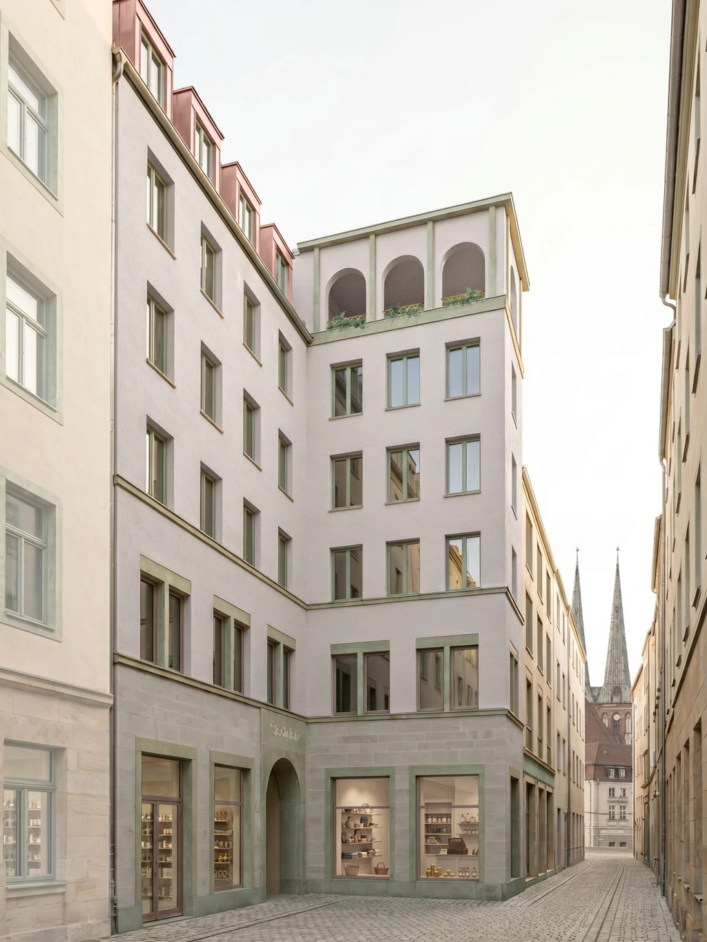 Ein Blick in die schmale Parochialgasse mit dem markanten Gebäudevorsprung.