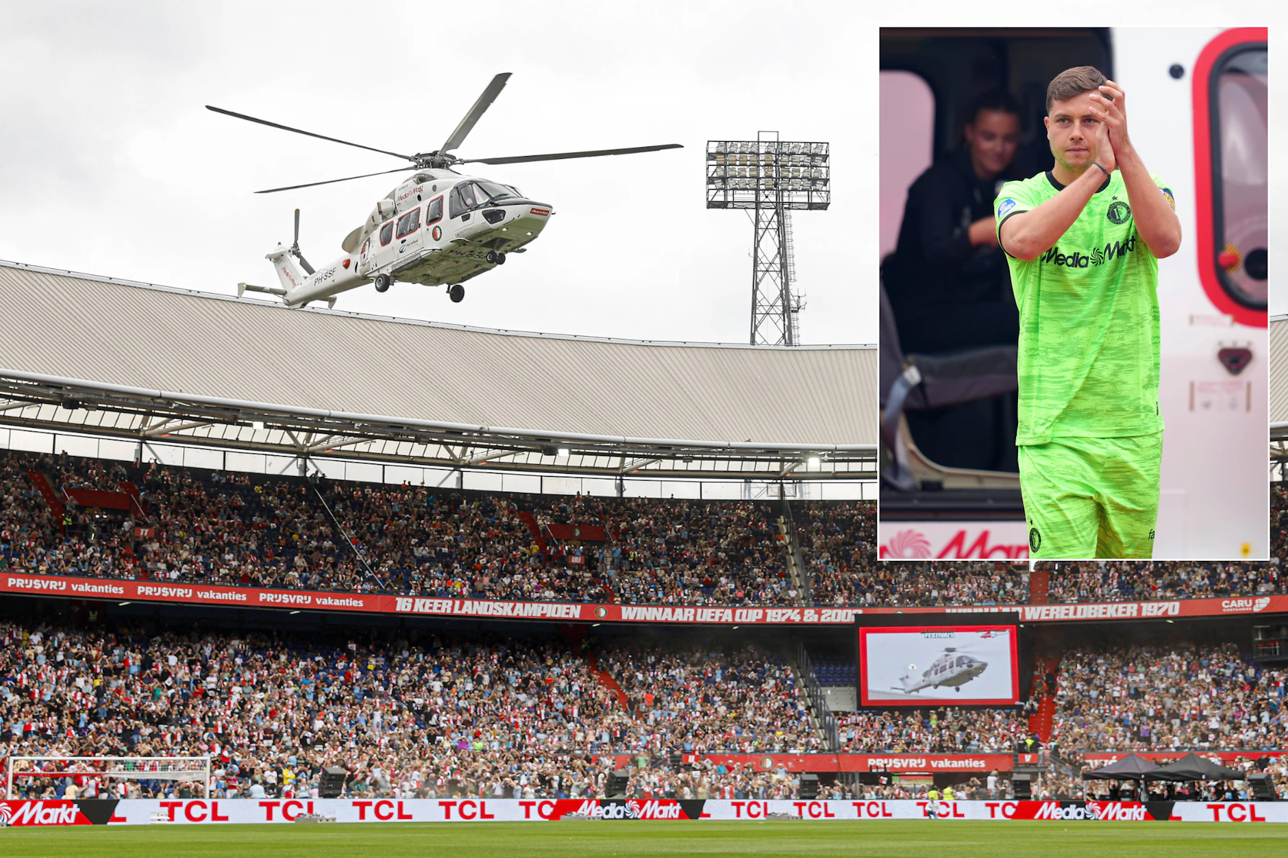 Tjark Ernst wurde Sonnabend bei Feyenoord Rotterdam ins Stadion eingeflogen. 50.000 Fans feierten ihn.