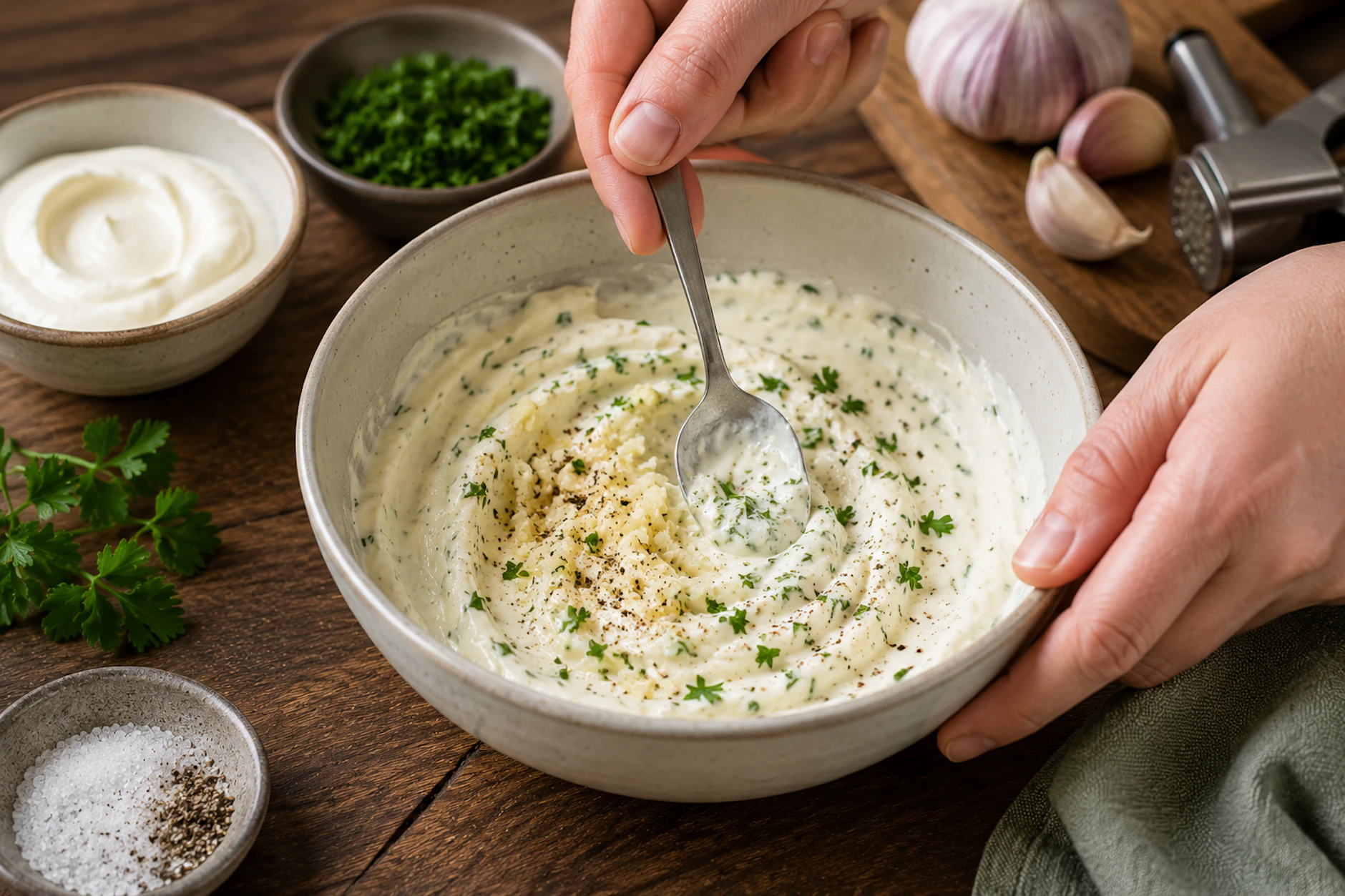Der Knoblauchdip passt perfekt zu den Würstchen im Blätterteig. Und er macht nicht einmal viel Arbeit, sondern ist in wenigen Minuten angerührt.