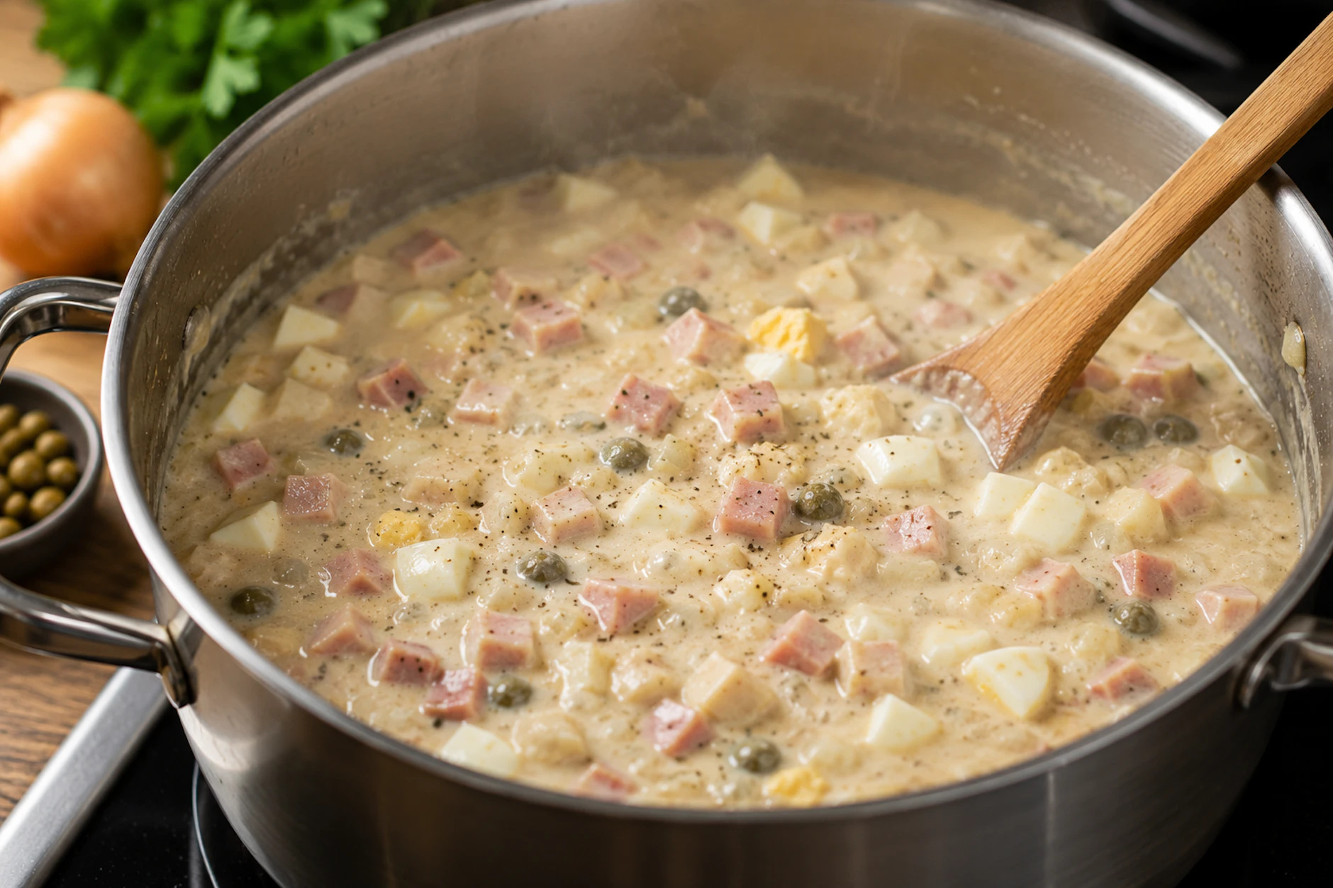 Das Eierhaschee muss im Topf etwas köcheln, wird dann mit Salz, Pfeffer und einer Prise Muskatnuss abgeschmeckt. Einfach lecker, vor allem mit Kartoffelbrei oder Reis.