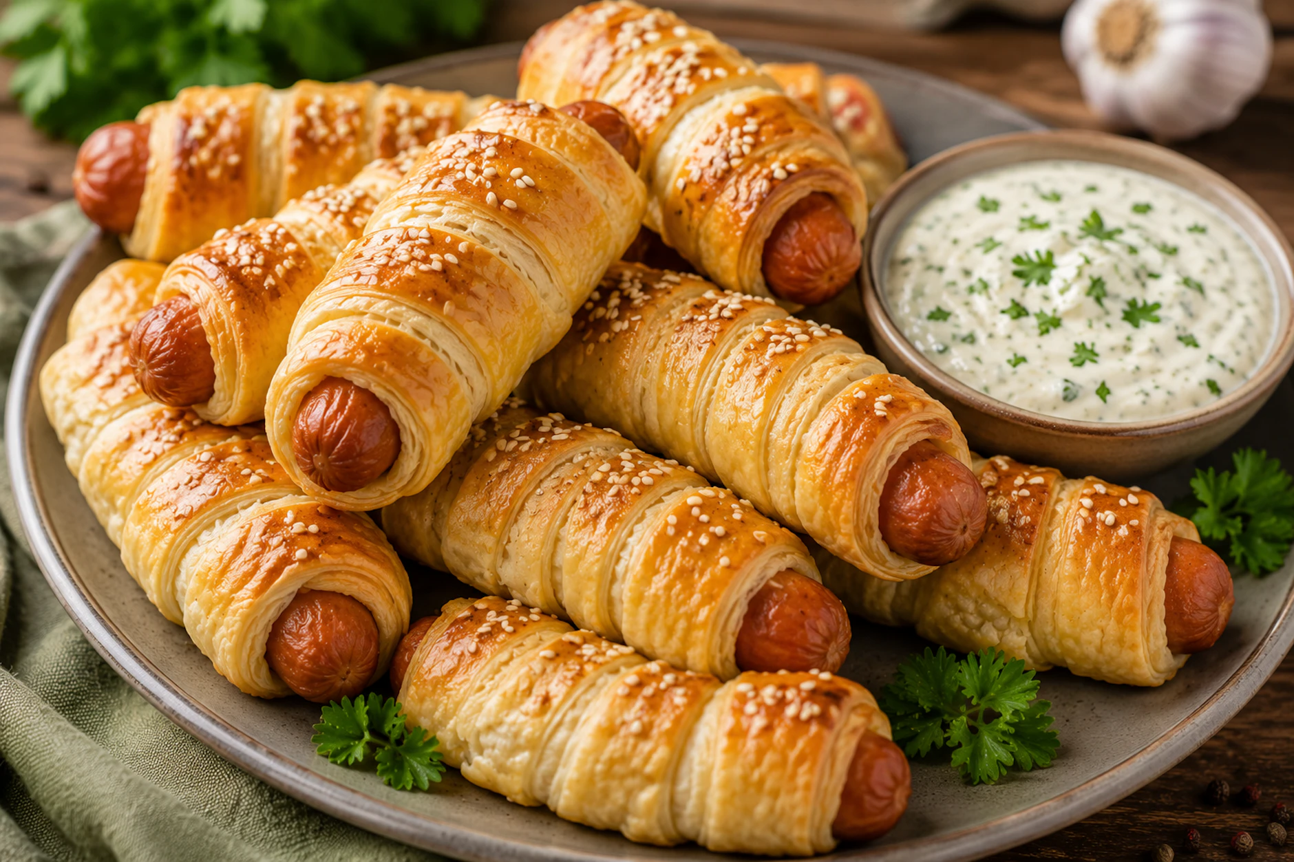 Würstchen im Blätterteig sind eigentlich ein Partysnack, eignen sich aber auch toll zum Abendbrot für die ganze Familie. Der Knoblauchdip verpasst ihnen eine tolle würzige Frische.