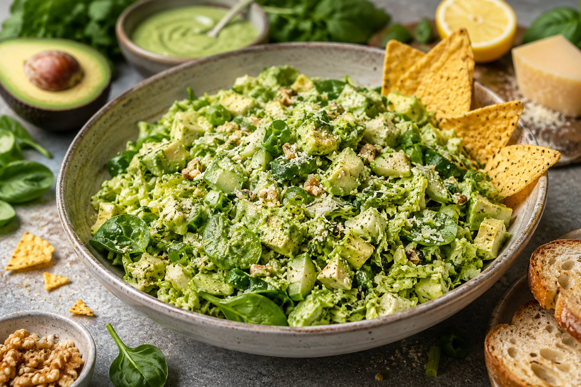 Perfekt zum Snacken beim Fernsehen: Der Green-Goddess-Salat lässt sich prima mit Chips schaufeln.