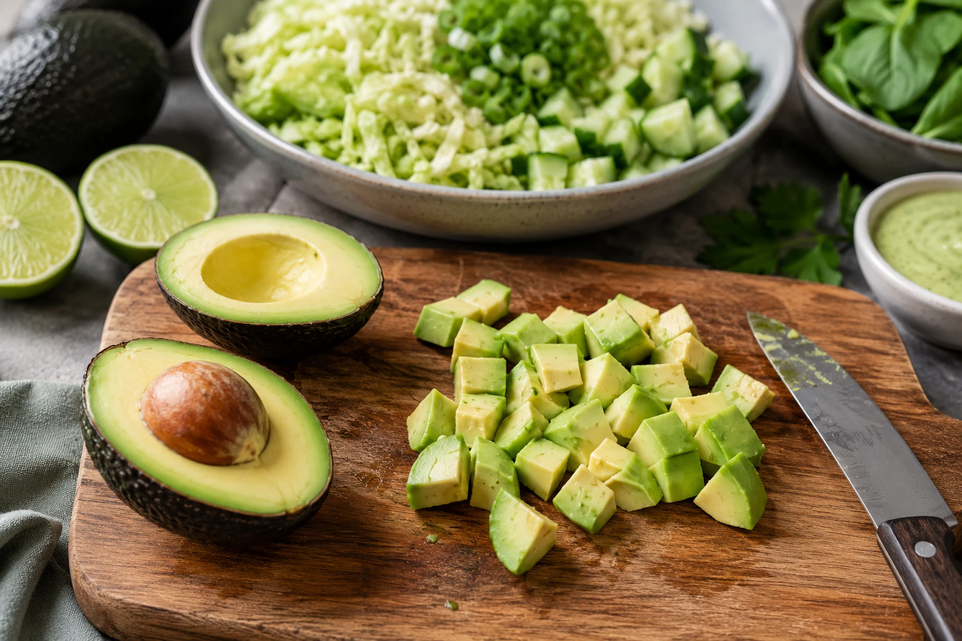 Die Avocado werden für den Salat gewürfelt.