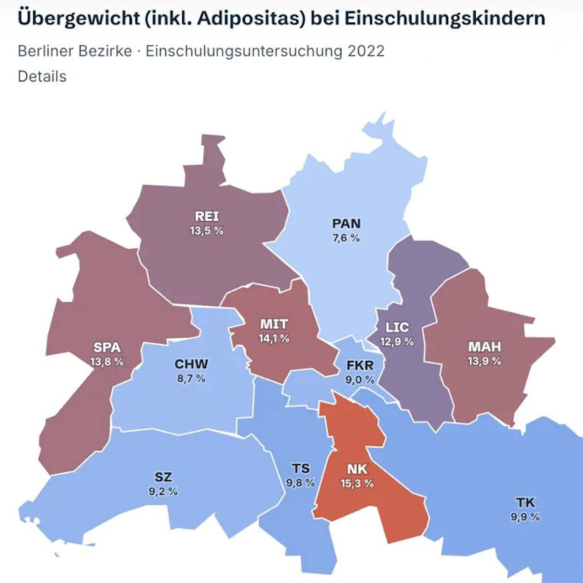 Alle Berliner Bezirke: Hier zeigt die Karte, in welchen Bezirken die Kinder am dicksten sind.