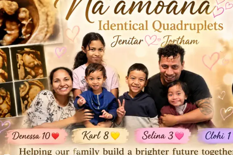 Jenitar Na’amoana mit ihrem Mann Jortham und den vier größeren Kindern. Eine Fotomontage der Familie zu ihrem Spendenaufruf auf Gofundme.