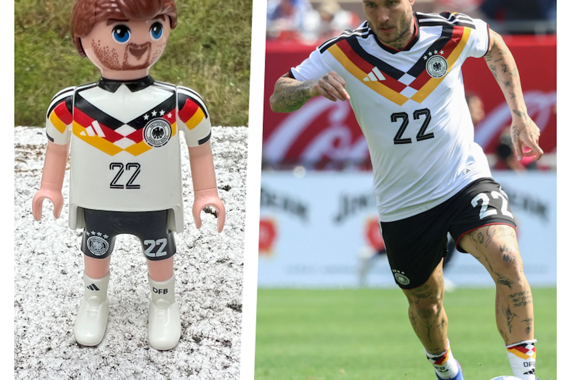 Abwehrspieler David Raum im Original (r.) und als Playmobil-Figur im sogenannten Heim-Trikot der Nationalmannschaft.