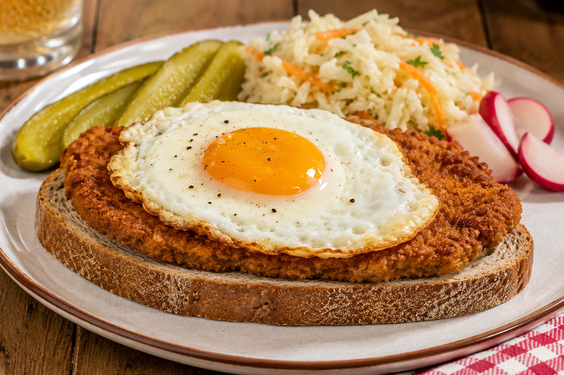 Für eine HO-Schnitte werden Brot, ein Schnitzel und ein Spiegelei aufeinander geschichtet.