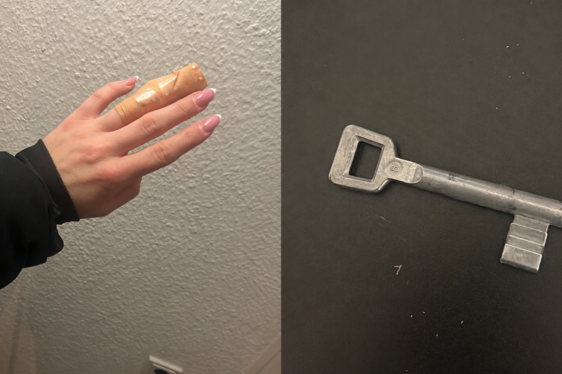 An dem Schlüssel blieb mein Finger stecken. Ein Druckverband – ob mit Pflaster oder richtigem Verband – schützt die Wunde und den Nagel sofort vor noch mehr Schäden.