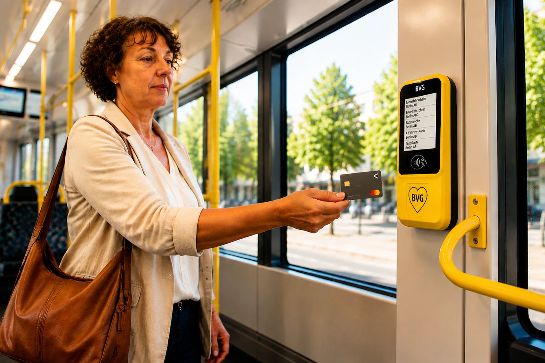 Eine Frau bezahlt mit einer Kreditkarte an einem Scanner die Fahrt mit einer BVG-Straßenbahn. So soll es aussehen, wenn die Berliner Verkehrsbetriebe Fahrkartenautomaten und Fahrscheine abschaffen.