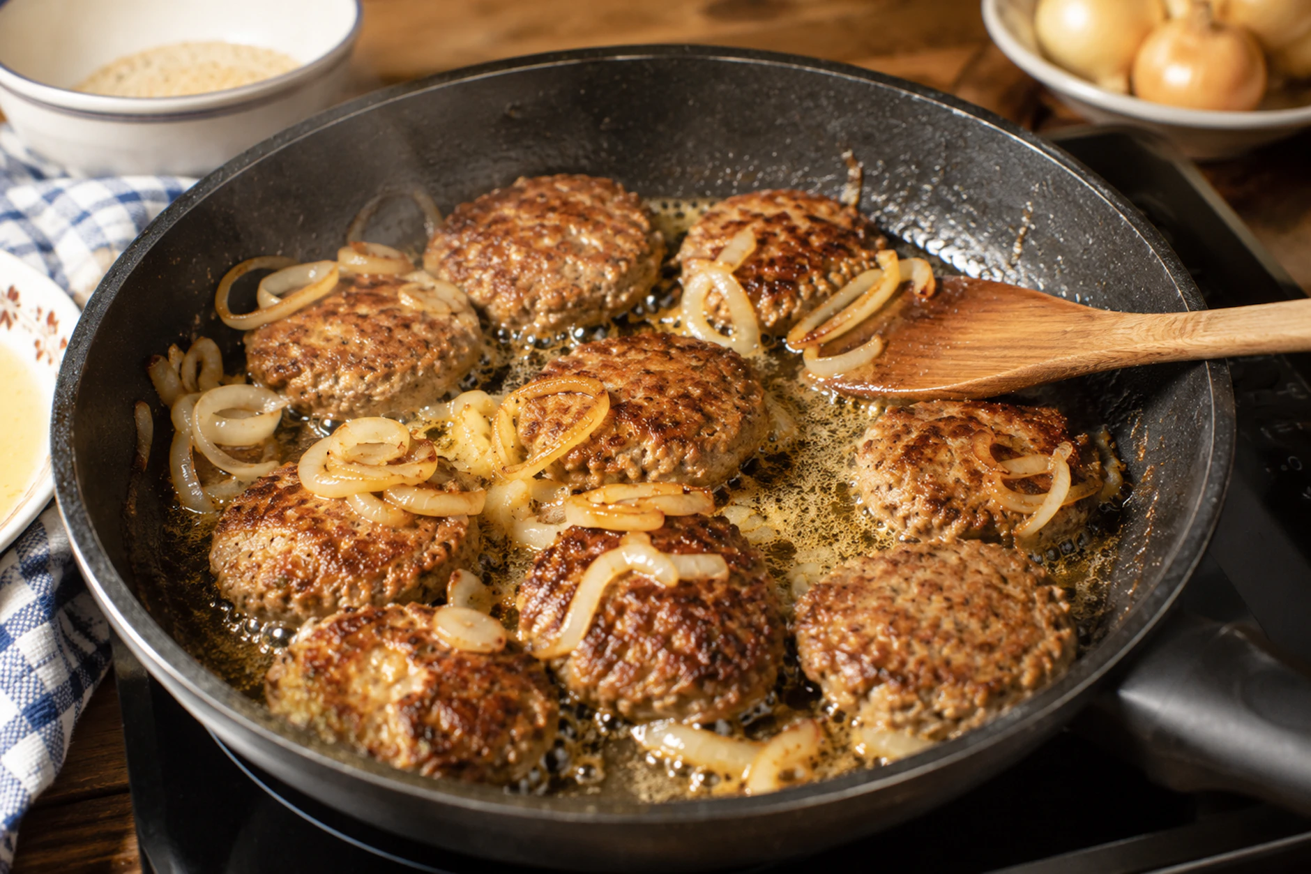 Die Gewiegtskließel mit brauner Zwiebel werden in einer Pfanne schön knusprig angebraten.