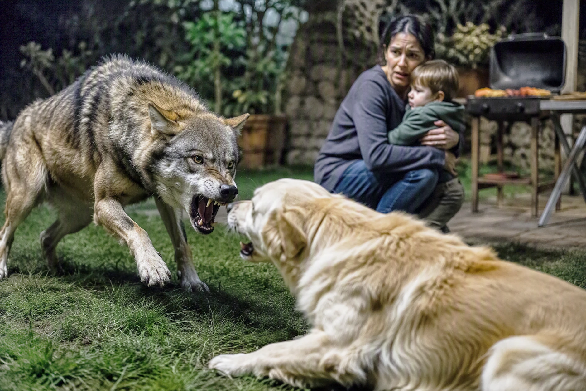 So stellt sich eine KI den Wolfsangriff auf die Grillparty in Italien vor. Der Hund verteidigte seine Familie und wurde anschließend totgebissen.