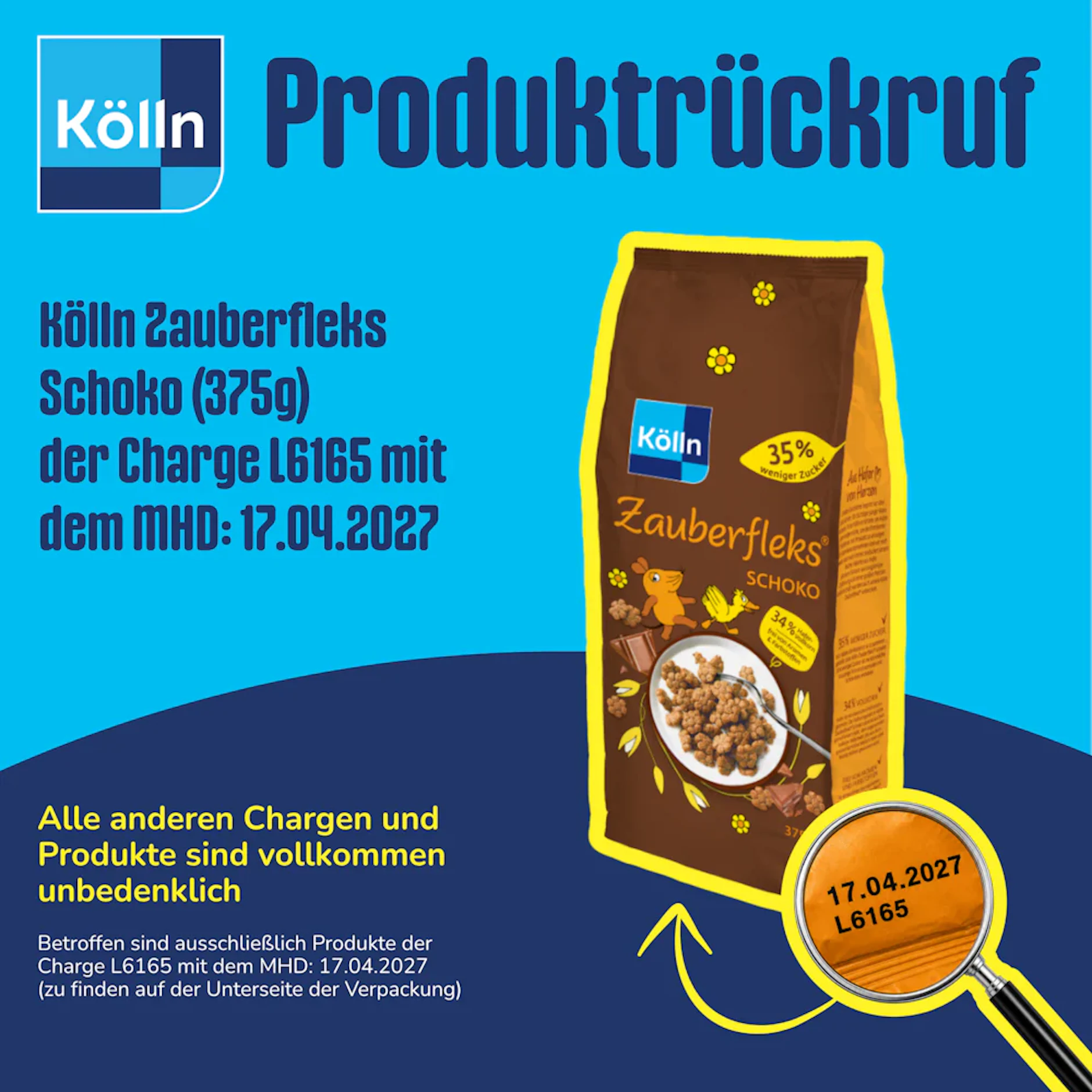 Mit einem Rückruf warnt das Unternehmen Kölln vor dem Kindermüsli. Darin könnten sich Fremdkörper befinden.