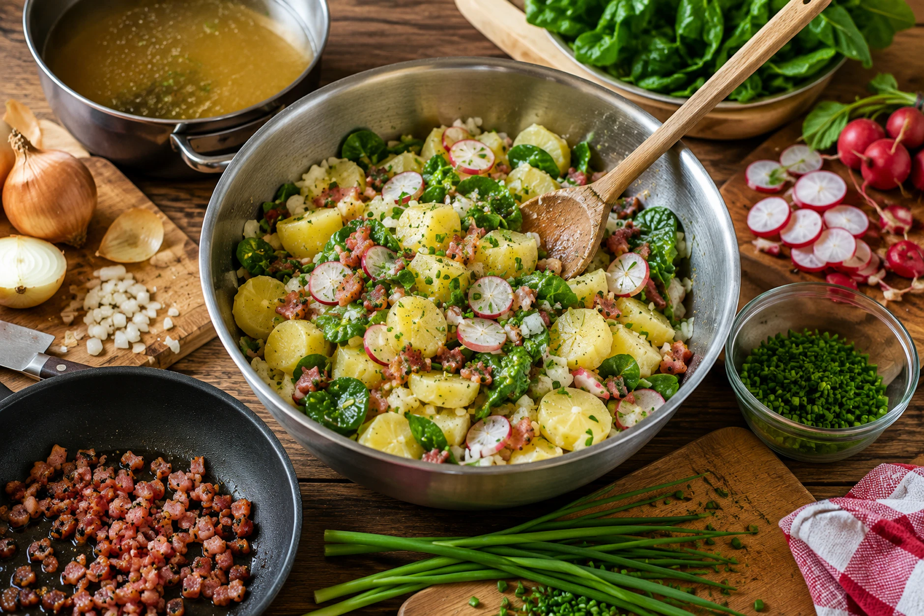 Im grünen Kartoffelsalat von Kurt Drummer stecken nicht nur Kartoffeln, sondern noch viel knackiges und frisches Gemüse. Trotzdem ist der Salat ganz besonders würzig.