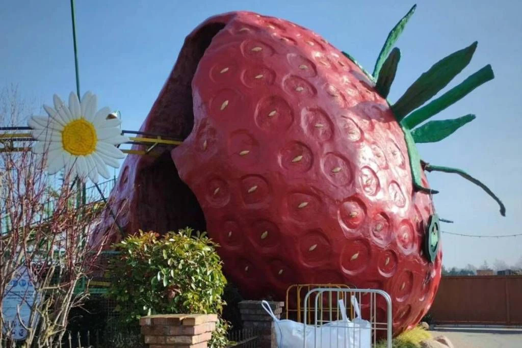 Erdbeere mit Zähnen: In Karls Erlebnis-Dorf in Rövershagen bei Rostock geht es mitten durch die überdimensionale Frucht. In Elstal bei Berlin startet Anfang August die neue Achterbahn. (Symbolbild)