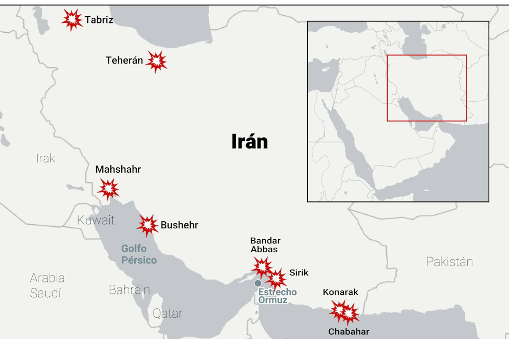 Karte des Irans, markiert sind Orte gemeldeter Angriffe der USA, darunter Teheran, Buschehr, Bandar Abbas und Tschahbahar