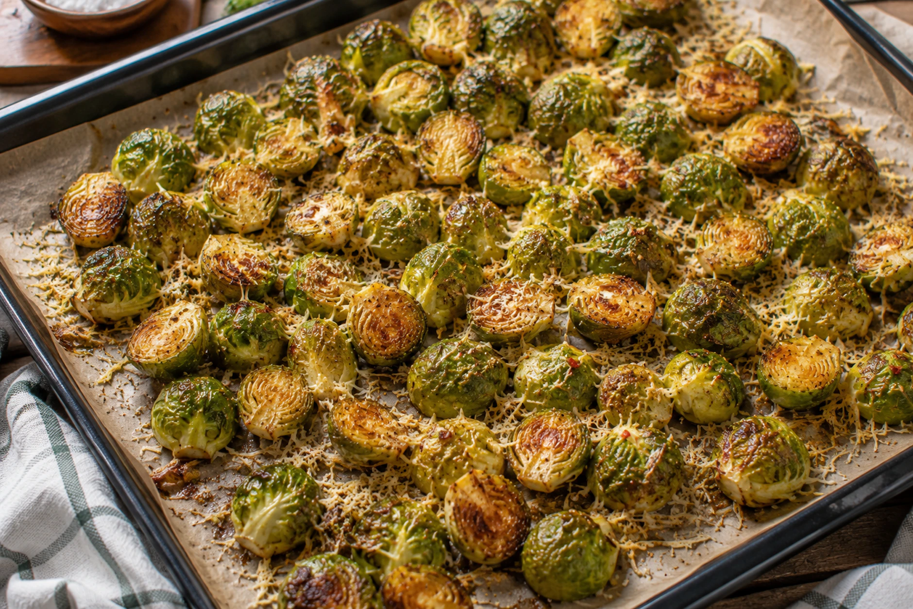 Der Rosenkohl entwickelt beim Backen auf dem Blech das perfekte Aroma. Knoblauch und Parmesan leisten ihren Beitrag zum unvergleichlichen Geschmack.