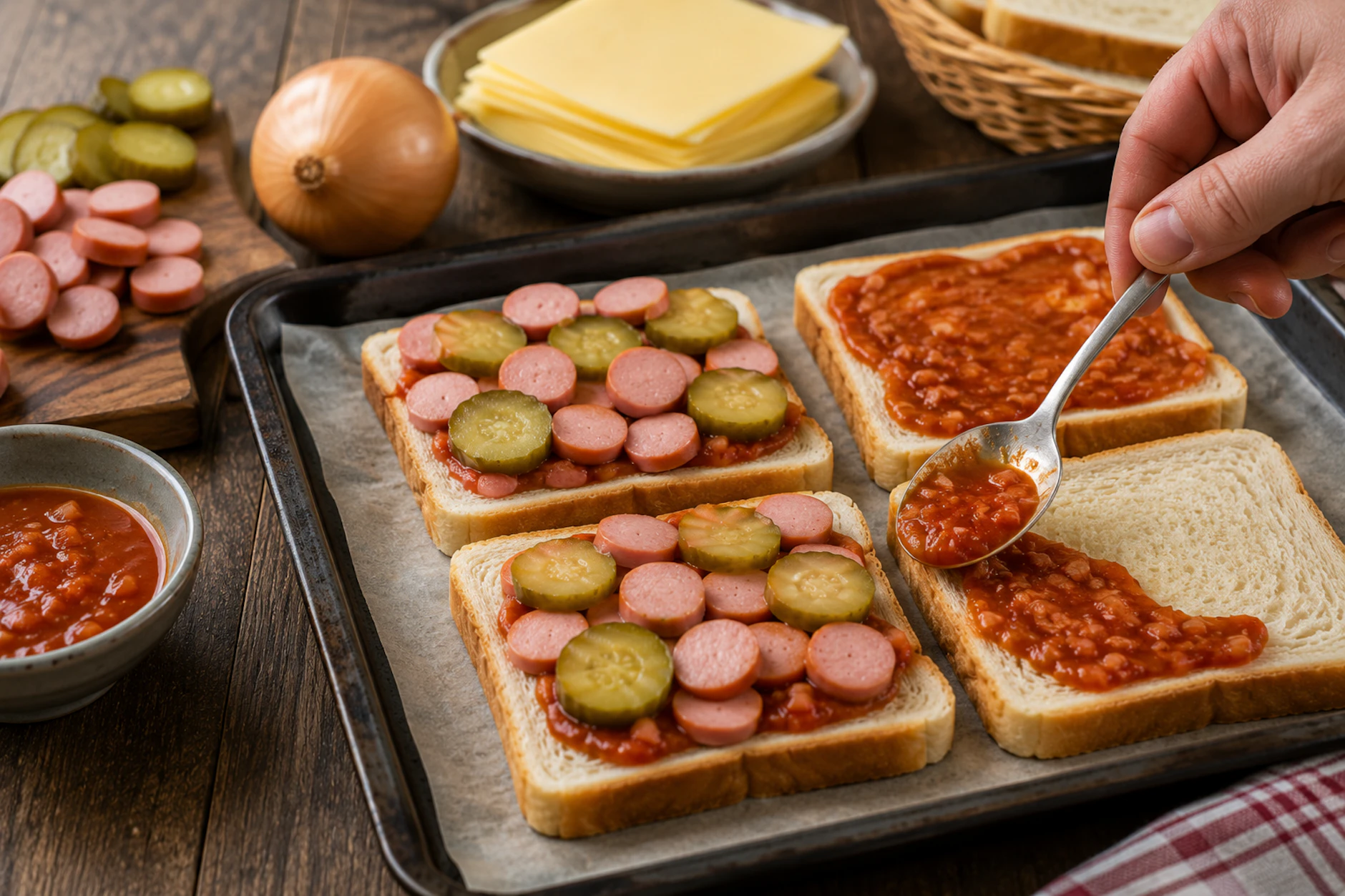 Die Bemmen werden ordentlich belegt, mit Käse überbacken und am Ende gestapelt. So ergibt sich der leckere Doppeldecker, ein richtig dickes Sandwich aus der DDR.