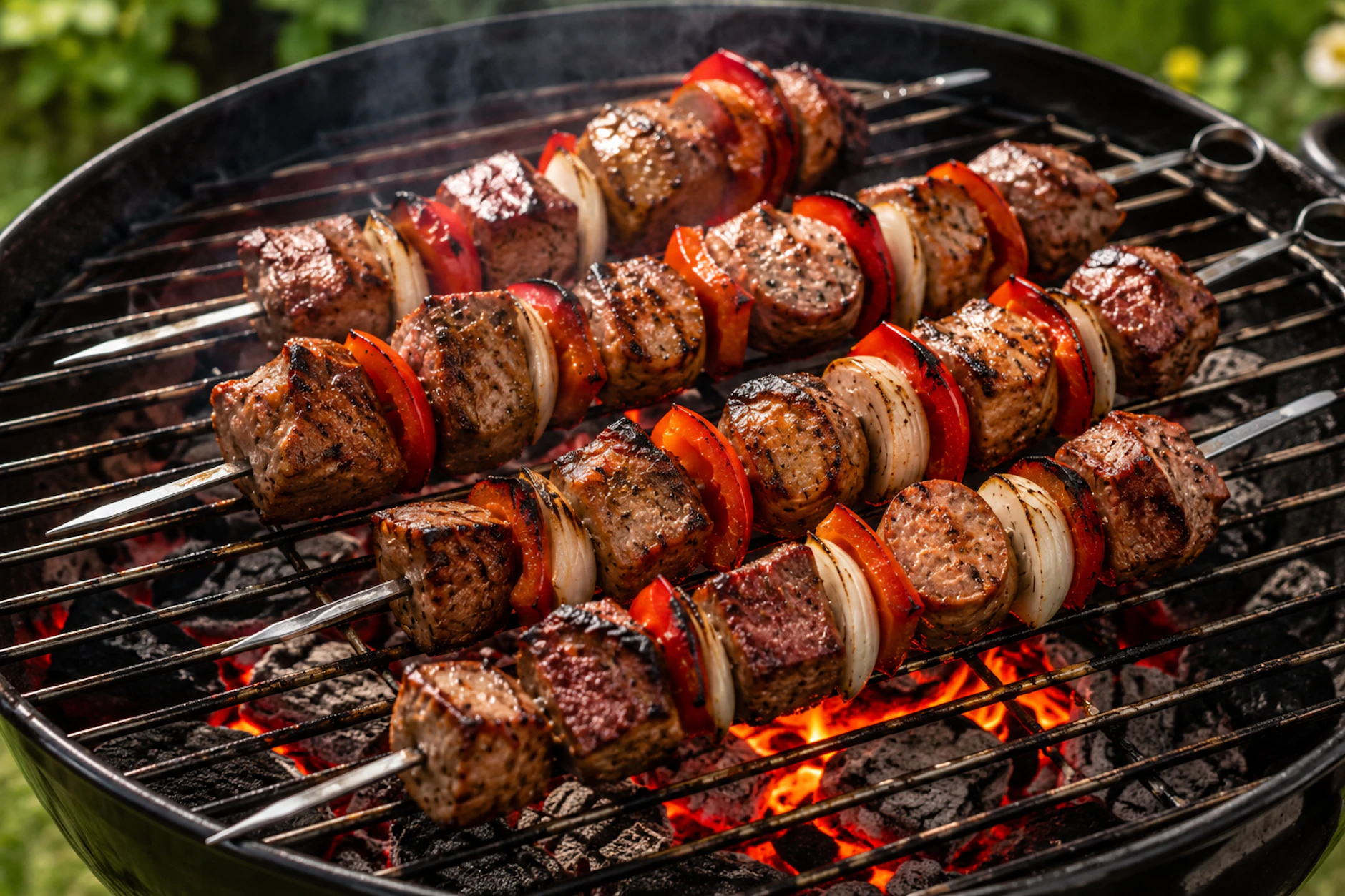 Auf dem Grill werden die Bratwurst-Schaschlik-Spieße einfach perfekt. Zur Not geht es mit dem Braten aber natürlich auch in der Pfanne.