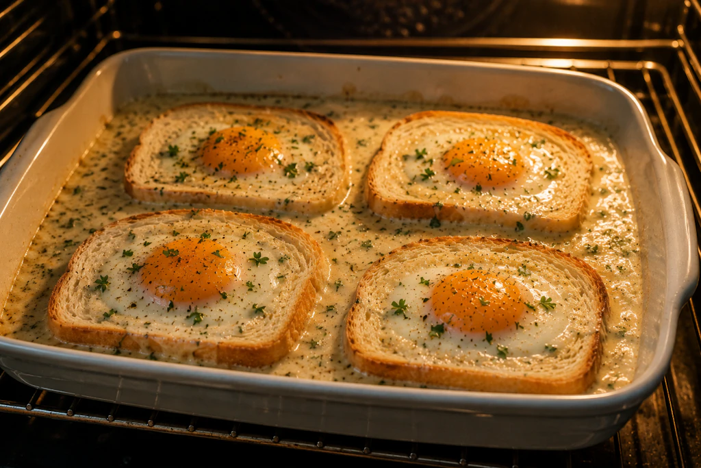 Die Eierringe werden im Ofen in der Soße gebacken. Ein Rezept, wie gemacht für ein simples und trotzdem richtig edles Abendbrot!