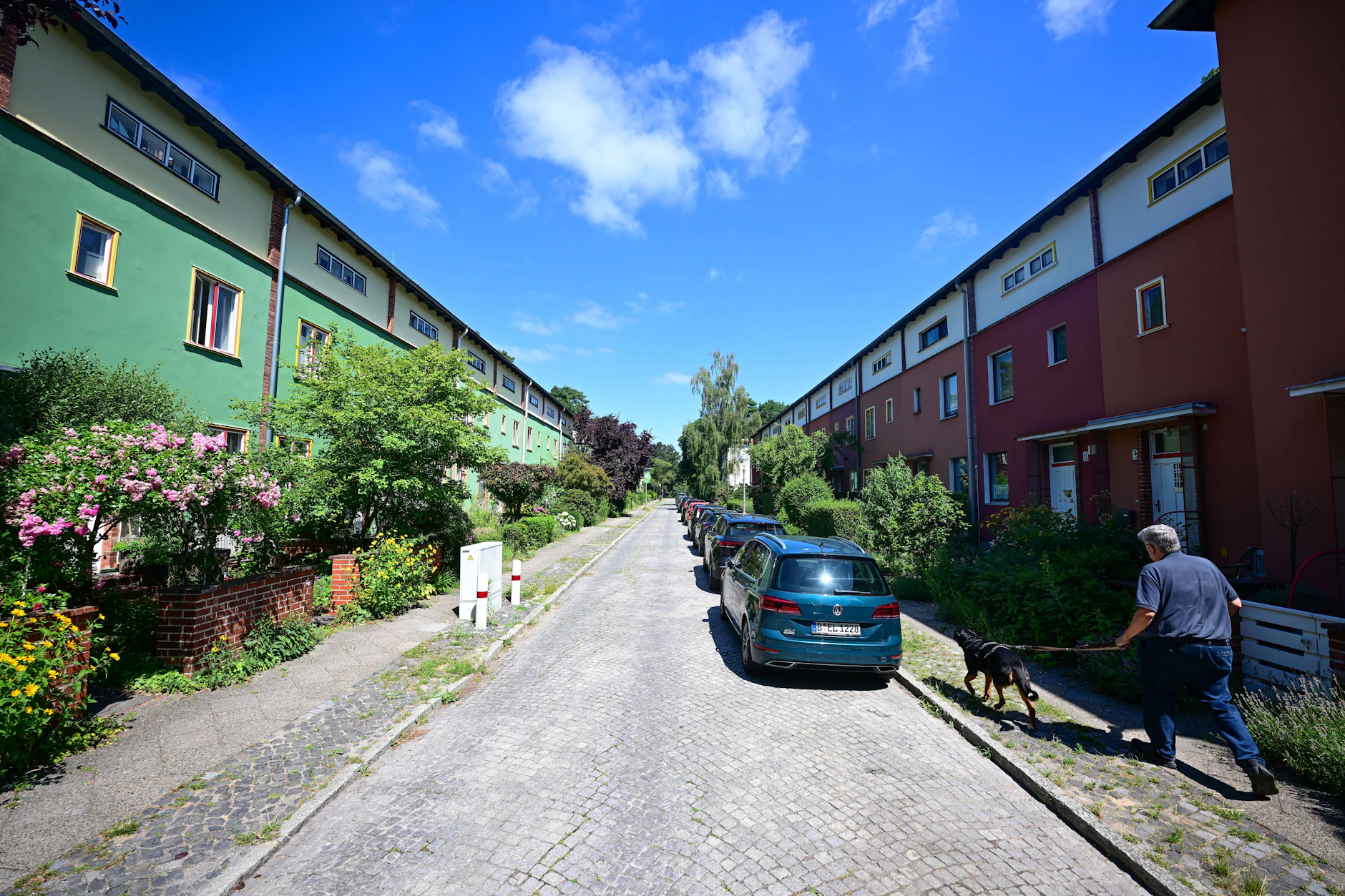 Eine Straße mit Reihenhäusern in der Waldsiedlung Zehlendorf.