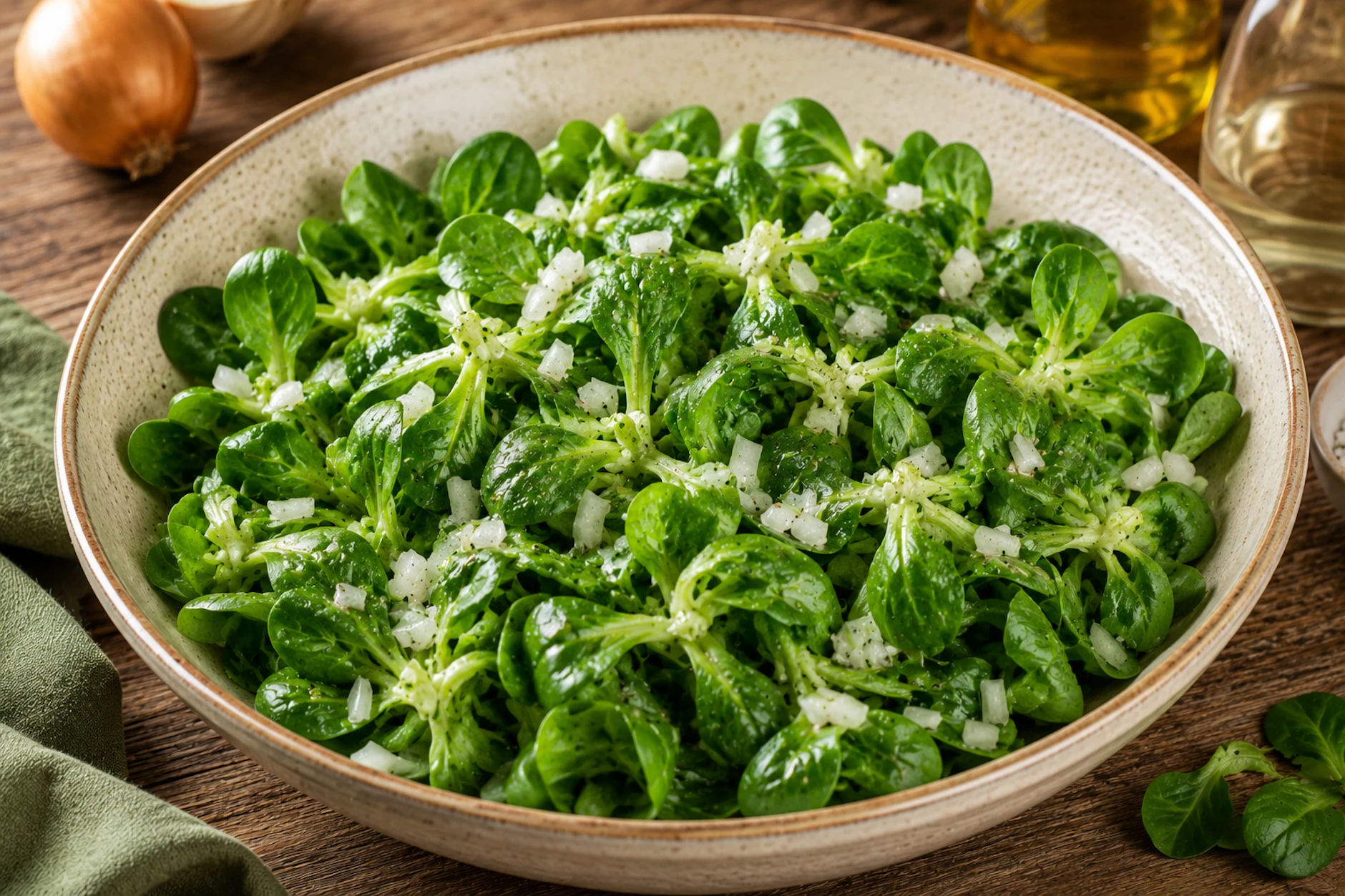 Rapünzchensalat mit Zwiebeln ist eine sehr einfache Variante des klassischen Feldsalates. So hat schon Kurt Drummer den Salat empfohlen.