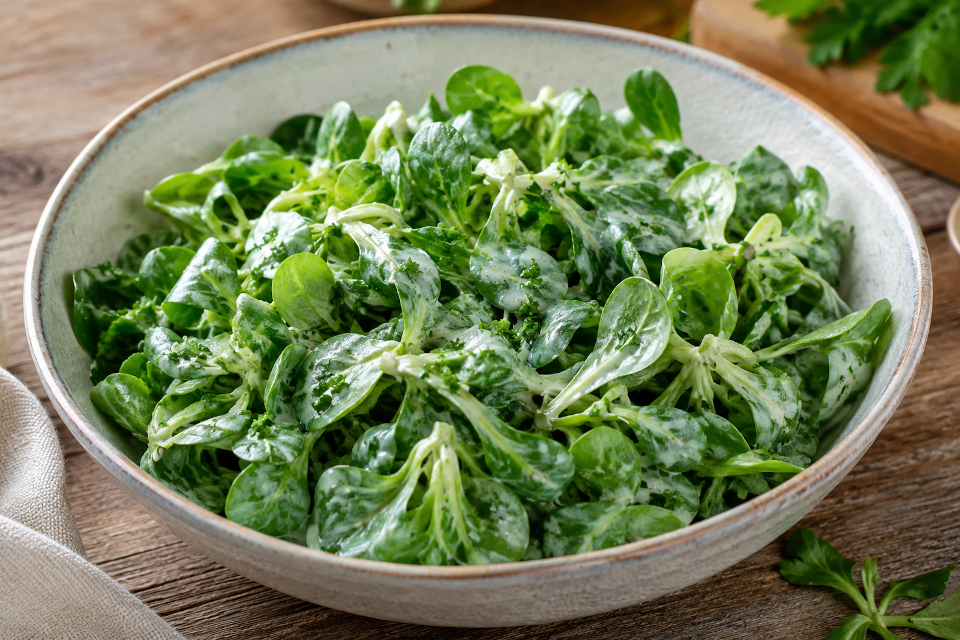 Rapünzchensalat mit Joghurtsoße von Kurt Drummer schmeckt im Soßßer, wenn es draußen richtig warm ist, ganz besonders gut.