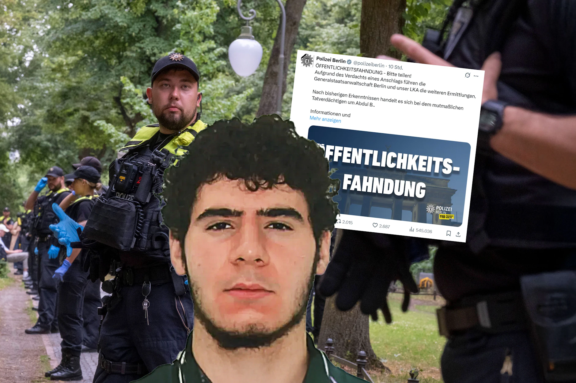 Auf Social Media zeigte die Polizei Berlin das Foto des mutmaßlichen Attentäters Abdul Ballout nicht – hier war nur ein Symbolfoto mit einem Schriftzug zu sehen.