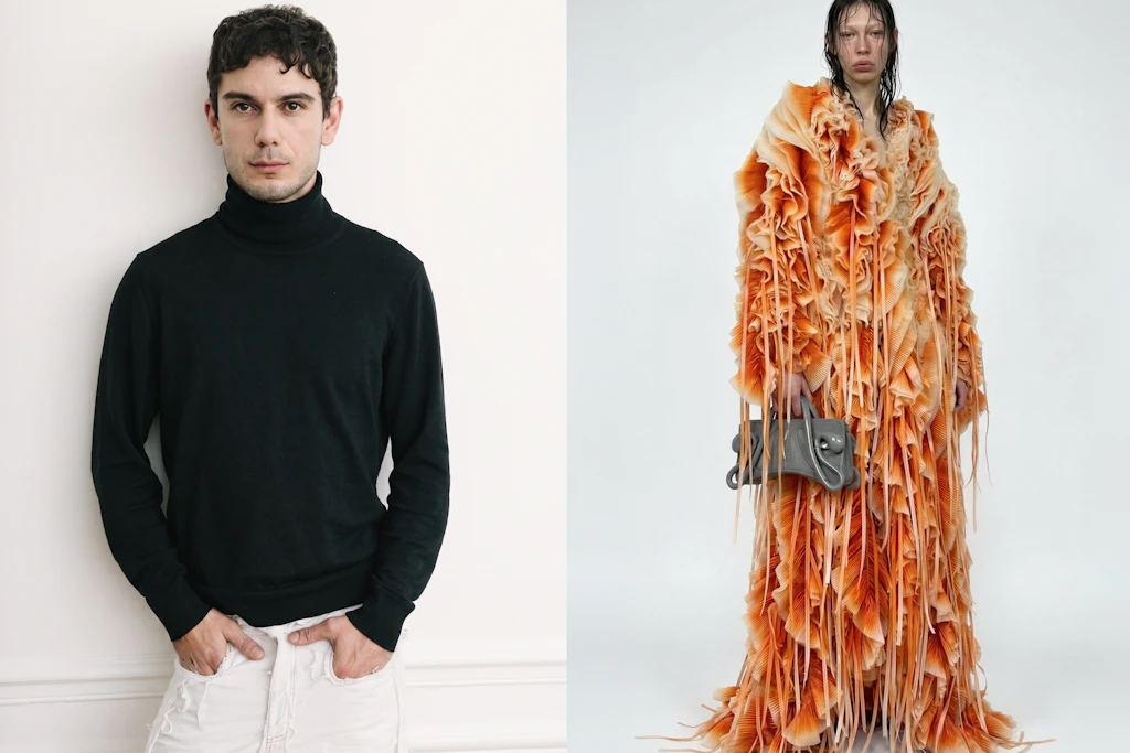 Links der Berliner Designer Taskin Goec, rechts einer seiner digitalen Entwürfe.