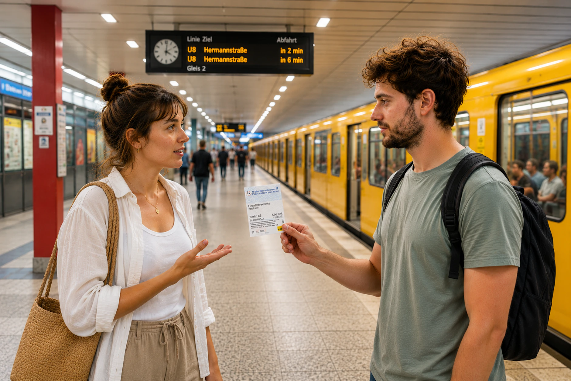 Weil er sein Ticket nicht braucht. Ein junger Mann will auf einem U-Bahnhof seinen BVG-Fahrschein verschenken. Darf er das?