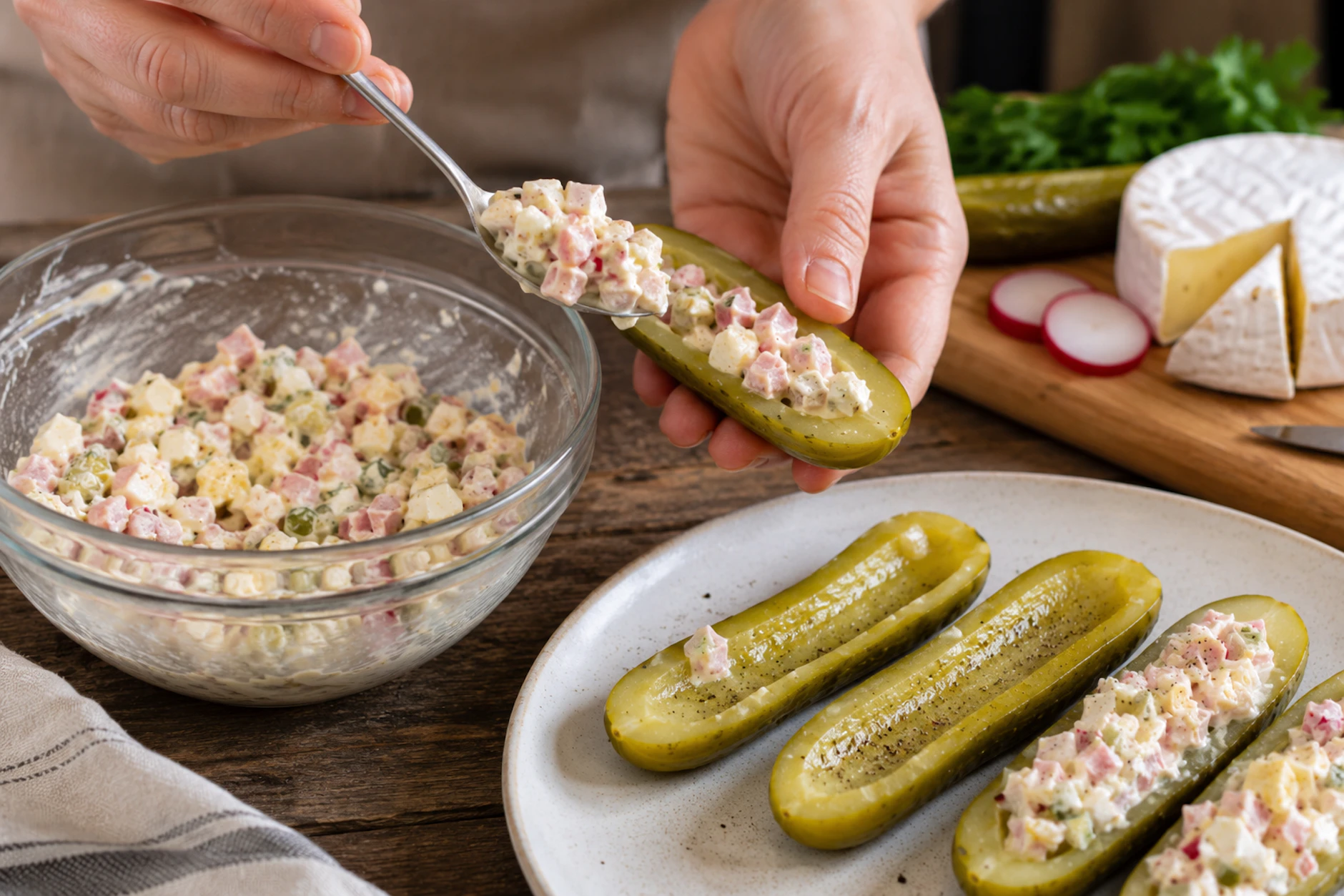 Die halbierten und ausgehöhlten Gurken werden mit dem fertig zubereiteten Feinkostsalat gefüllt. Genießen Sie sie als Snack oder zum Abendbrot!