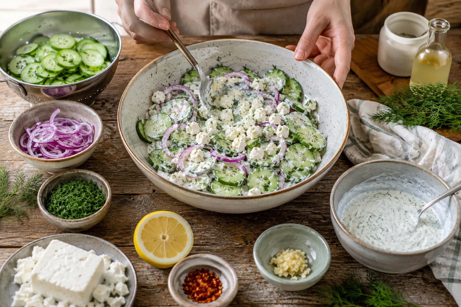 Einfache Zutaten, schnelle Zubereitung: Gurkensalat mit Feta-Bröseln ist ein herrlich frisches und leckeres Abendessen an heißen Tagen.