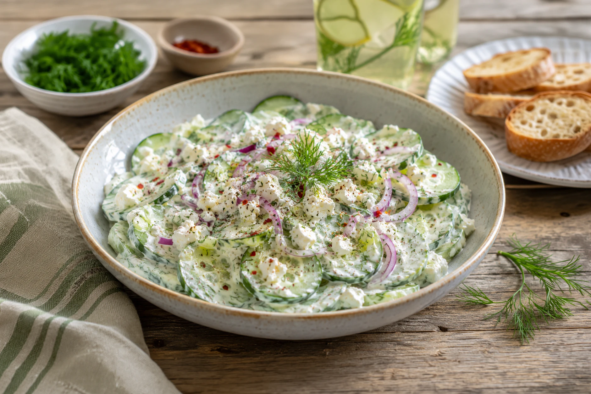 Richtig lecker, richtig frisch: dieser Gurkensalat mit Feta-Bröseln ist ein echter Hammer - vor allkem für alle, die im Sommer auch auf ihre Figur achten und etwas abnehmen wollen.