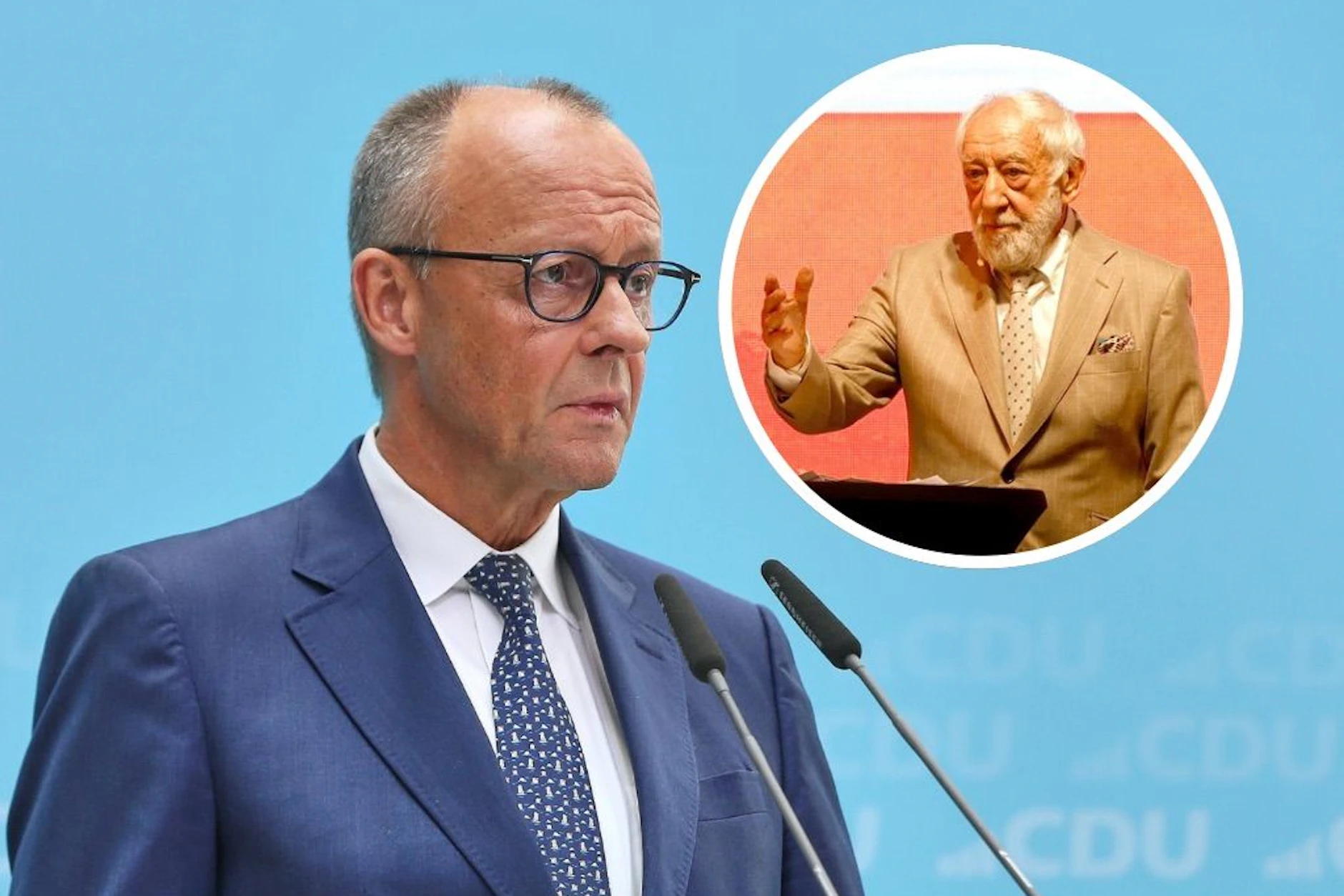 Dieter Hallervorden (r.) rechnet mit Bundeskanzler Friedrich Merz ab.
