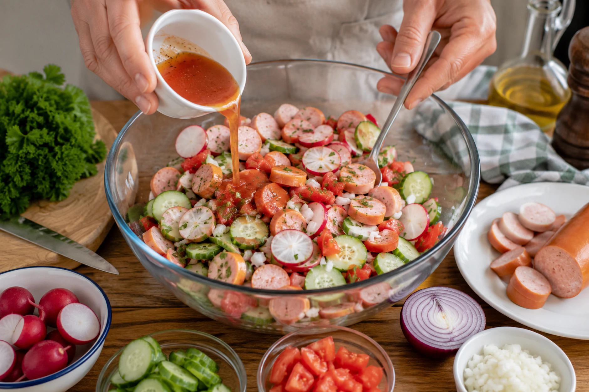 Der Sommer-Wurstsalat ist schnell zubereitet und schmeckt sensationell, vor allem richtig kalt aus dem Kühlschrank.