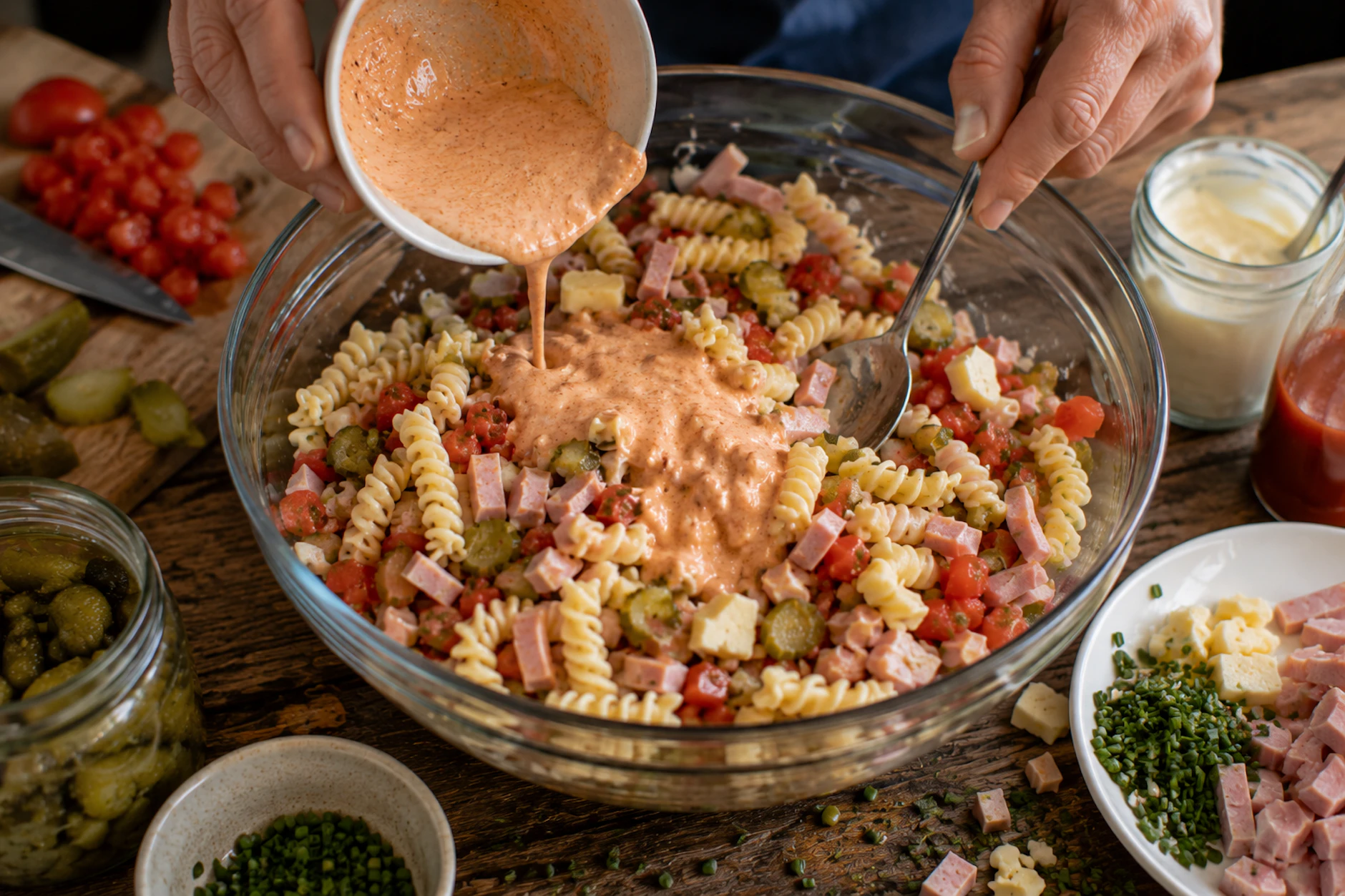Das Geheimnis dieses Spirellisalats steckt in der Soße: Die Zutaten machen den Salat, wenn er gut durchgezogen ist, zu einem ganz besonderen Nudelsalat!